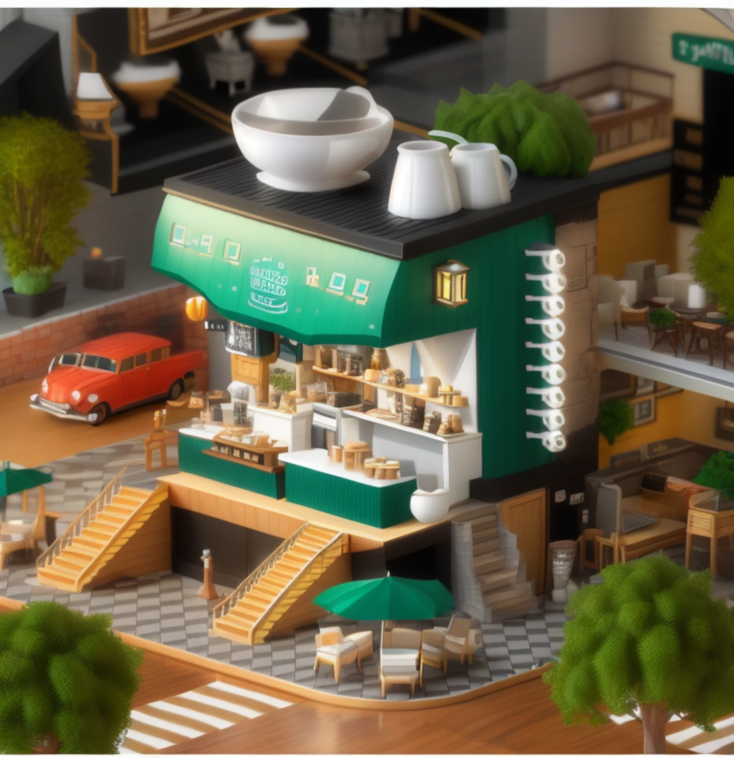 There is a miniature model of a coffee shop,Highly detailed visual espresso, stylized 3d render, hyper detailed 3d render, hyper detailed 3d render, 3 d stylize scene, hyper detailed scene, 3 d render stylized, highly detailed scenario, highly detailed 3d render, highly detailed 3d render, miniature cafe diorama, (vintage)