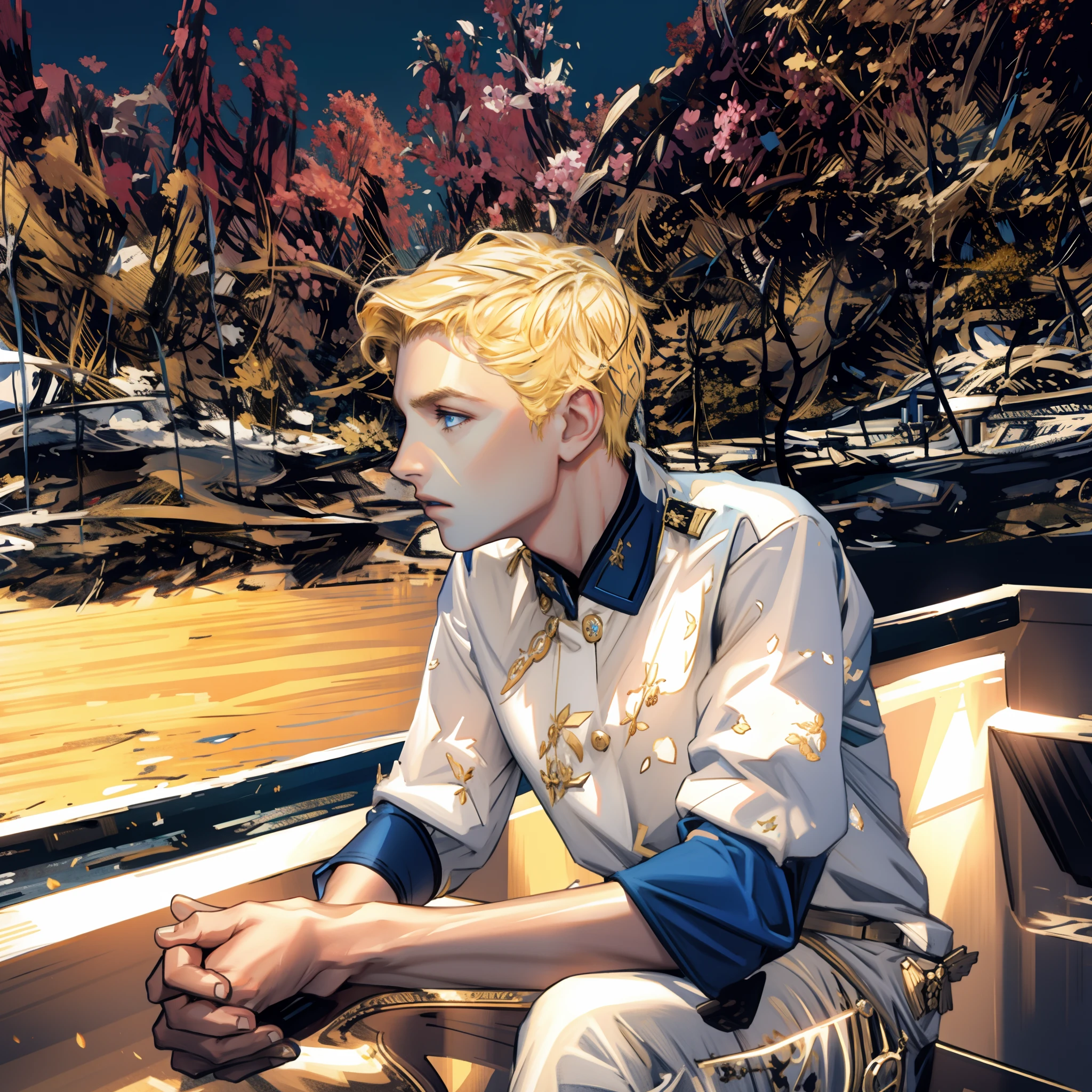 (masterpiece, best quality), 1 male, mature, aged up:1.4, tall muscular guy, broad shoulders, finely detailed eyes and detailed face, extremely detailed CG unity 8k wallpaper, intricate details, Fantasy, royal, nobleman, Admiral, short hair, blonde hair, blue eyes, fleet commander, navy, commander, white uniform, ocean, cloudy sky, wave