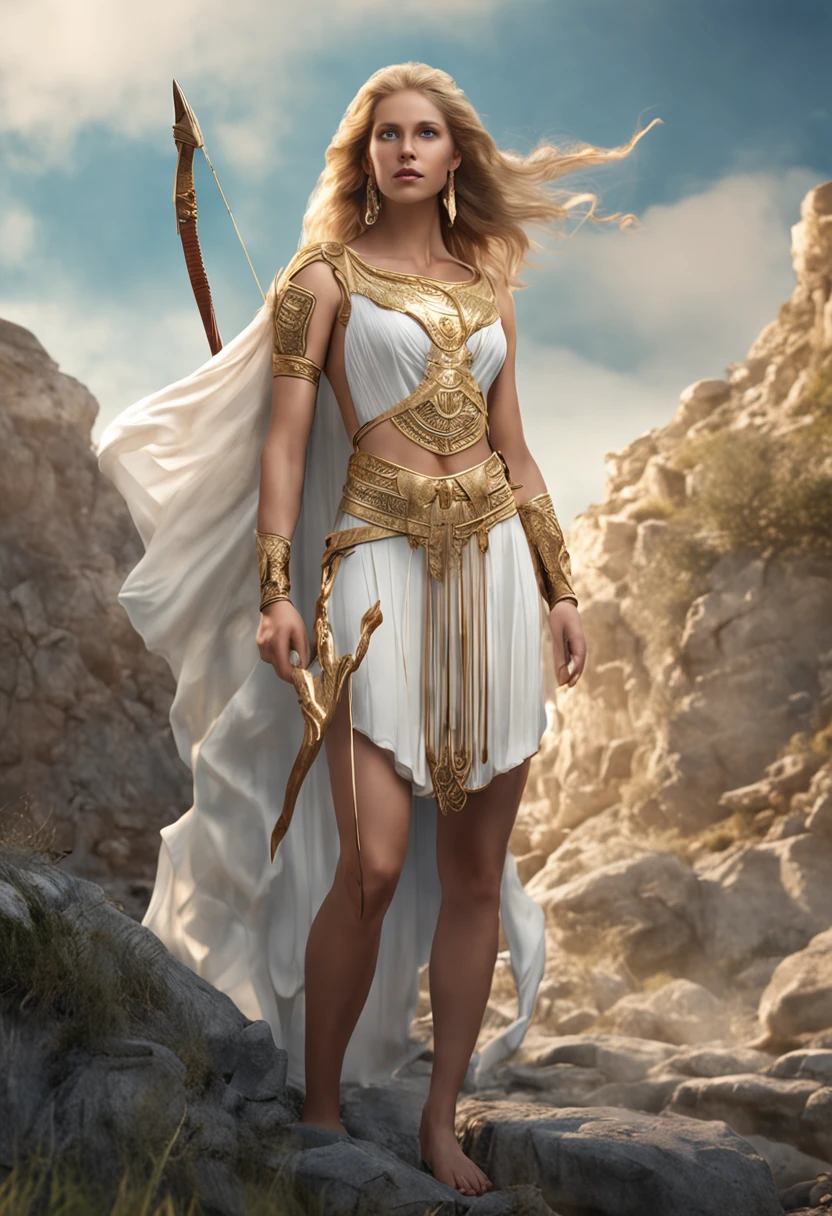 Young virgin greek goddess of wild nature and hunting, with (((Blonde hair))) And (((Blue eyes))), Amazingly beautiful, is fair-skinned, slender and tall, Show off her perfect pair of long legs, wears {sleeveless, (Very short: 1.7), (white:1.5), Greek chitons, With golden border}, Abs, "Looks strict and determined", Holding ((Golden bow)), Running and chasing prey, archery, Mythical Arcadian mountains and forests, Greek mythology, vibrant and lively atmosphere, Hyper-Realism, ultra-quality, ultra accurate description of hand, Photorealistic, Super Detail, 8K, masterpiece