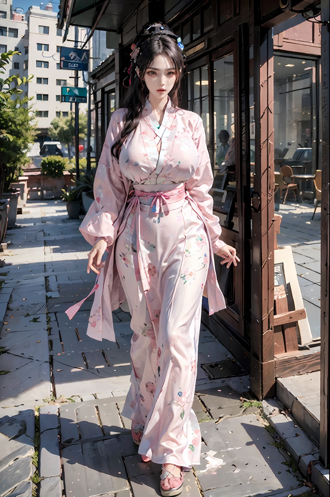 (masterpiece), best quality, highres, (hyperrealistic), 8k, Detailed Illustration, intricate detail,
looking at viewer,(make up),(slender body:1.5),(Gigantic Breasts:1.6),gyaru,young,(huge ass),(underbust:1.4),(tight),(Full body),
1girl,(hanfu),(floral print),(pink shirt),(pink long skirt),(long sleeves),