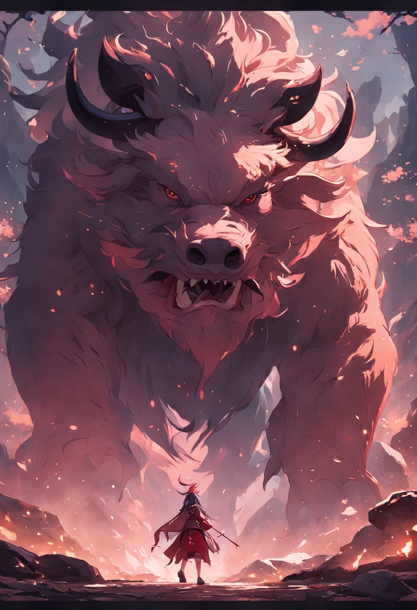 3d，32K resolution，Unreal Engine5，Chinese mythology，Higher than mountains,A huge wild boar，Dark style，huge tusks，Huge body contrast