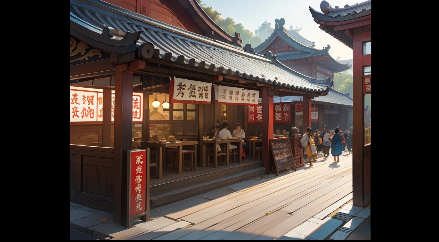 realistic scene,the detail,Photorealistic photorealism,8k,Schematic style of the upper river of Qingming,Tang dynasty architecture。Wooden,Tang Dynasty People's Street,restaurant,Full of people,The streets are full of traffic,Picture scroll style,Top-down view,delicatessen,Lots of pedestrians,the morning sun,