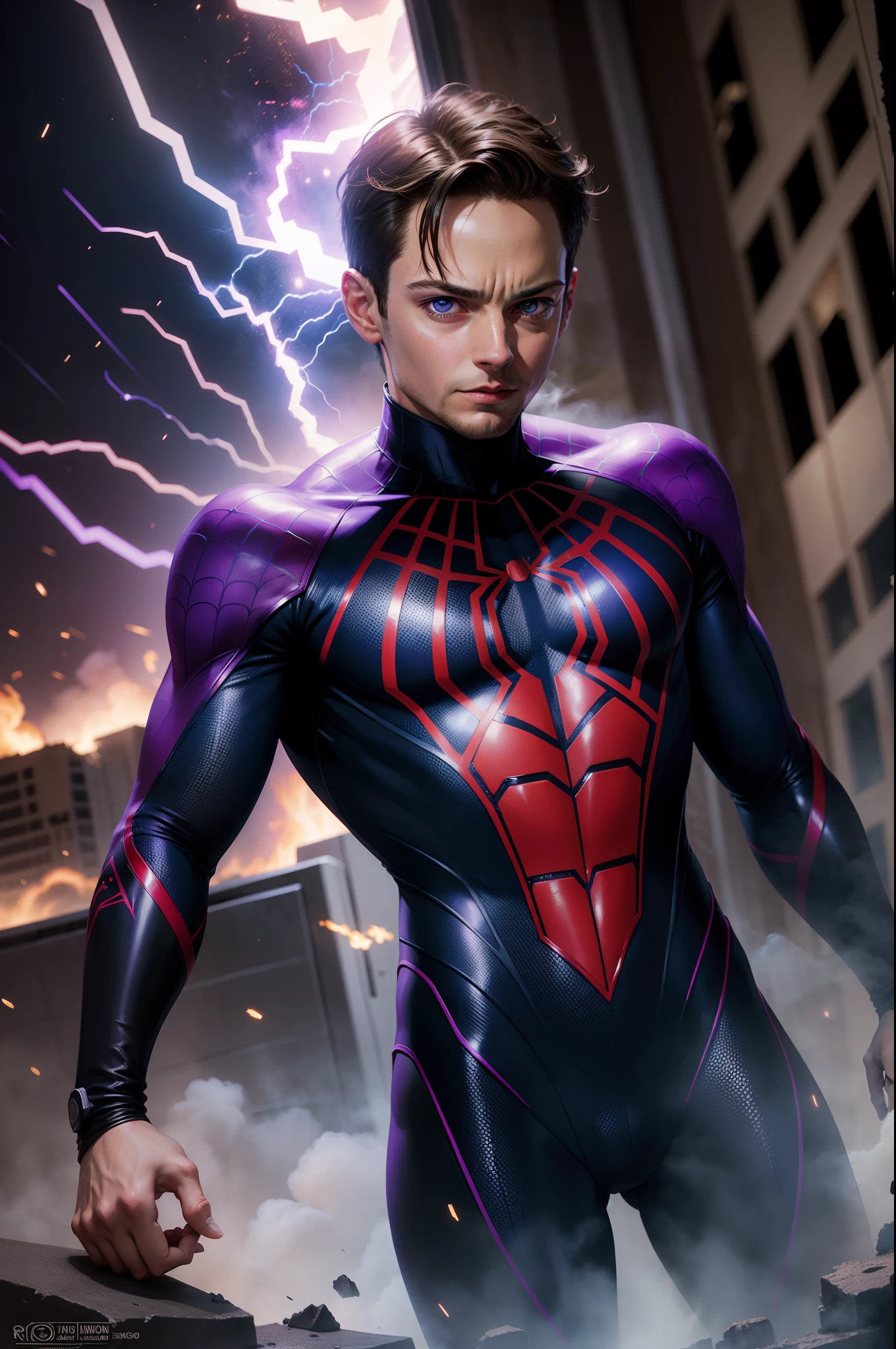 Tobey Maguire dressed in futuristic costume reminiscent of the Spiderman costume with iconic Spiderman logo, explosions, destroyed buildings collapsed, rising smoke, purple flames, reflected purple and blue lights, realistic, photography, Canon Eos R6