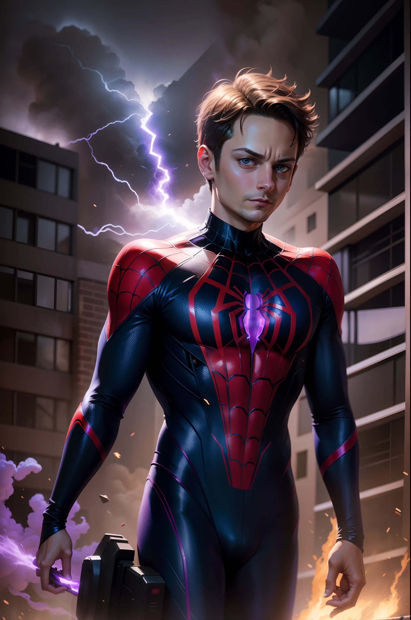 Tobey Maguire dressed in futuristic costume reminiscent of the Spiderman costume with iconic Spiderman logo, explosions, destroyed buildings collapsed, rising smoke, purple flames, reflected purple and blue lights, realistic, photography, Canon Eos R6