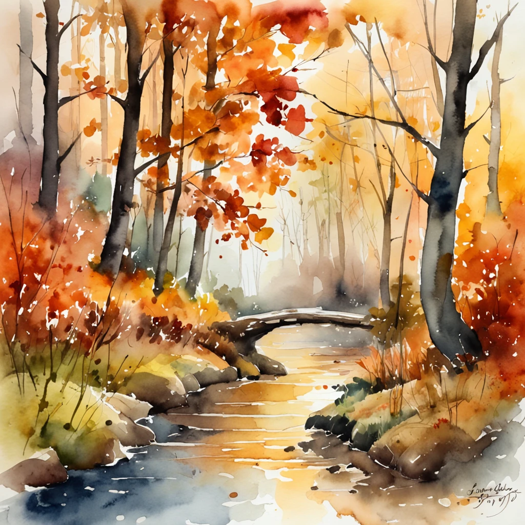 Artistic Image Types: A watercolor painting of an autumn forest. The subject of the painting should be a dense forest with trees adorned in vibrant autumn colors. The art style should be watercolor, with soft and flowing brushstrokes. The art inspiration for this painting can be drawn from the works of renowned watercolor artists on platforms like Art Station and Behance. The camera lens used for this painting should be a wide-angle lens to capture the expanse of the forest. The snapshot should focus on the intricate details of the leaves and tree trunks. The painting should have a white background to create a contrast with the colorful foliage. The level of detail should be high to showcase the beauty of the autumn forest.
