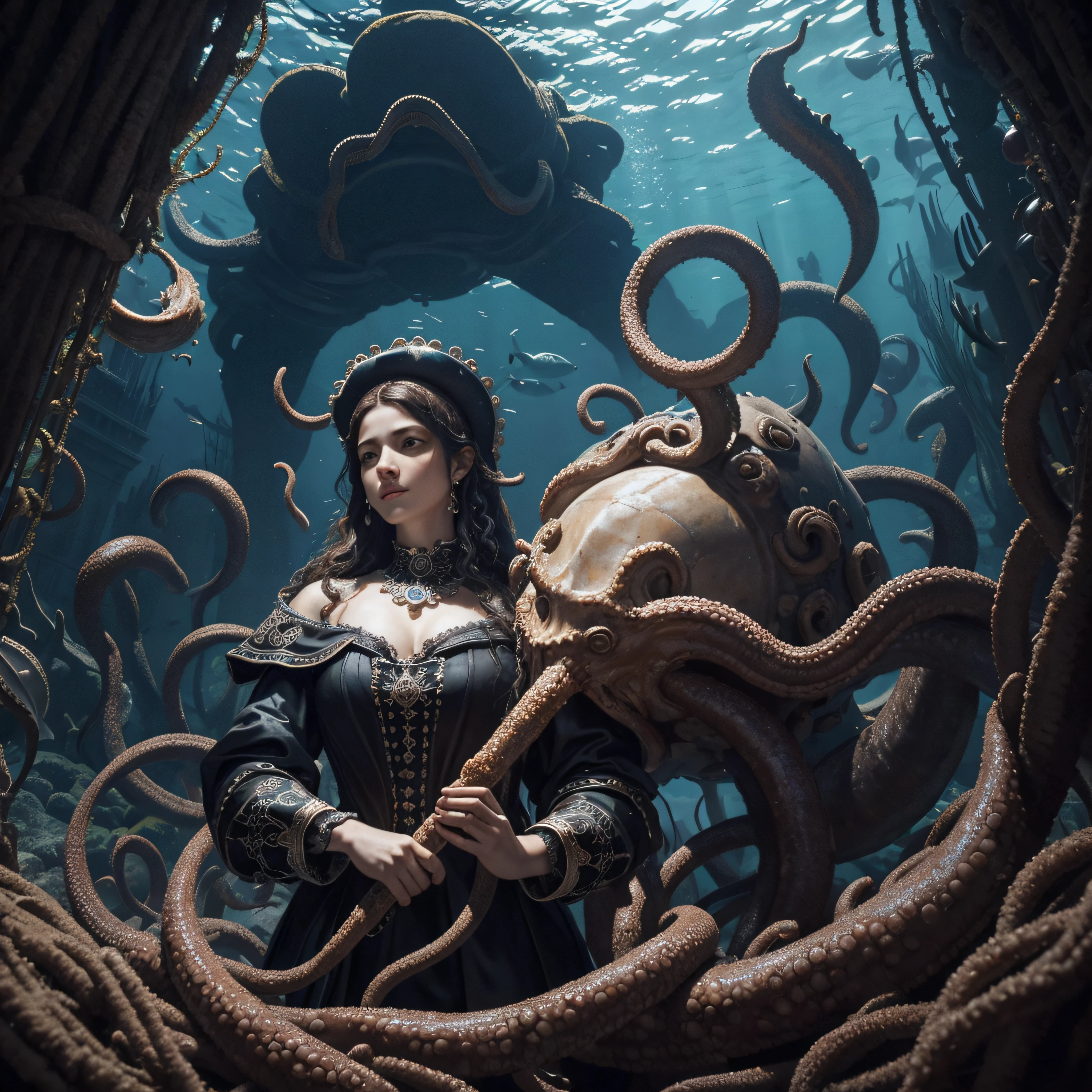 (extremadamente detallado, obra maestra, La mejor calidad, Under the Ocean), Estilo oscuro, volumetric illumination. armadura medieval, rostro con arrugas, lengua larga, tentacle, deforme, imagen submarina, pico de pulpo amenazante. manchas de tinta. Rococo composition. Luz de caravaggio