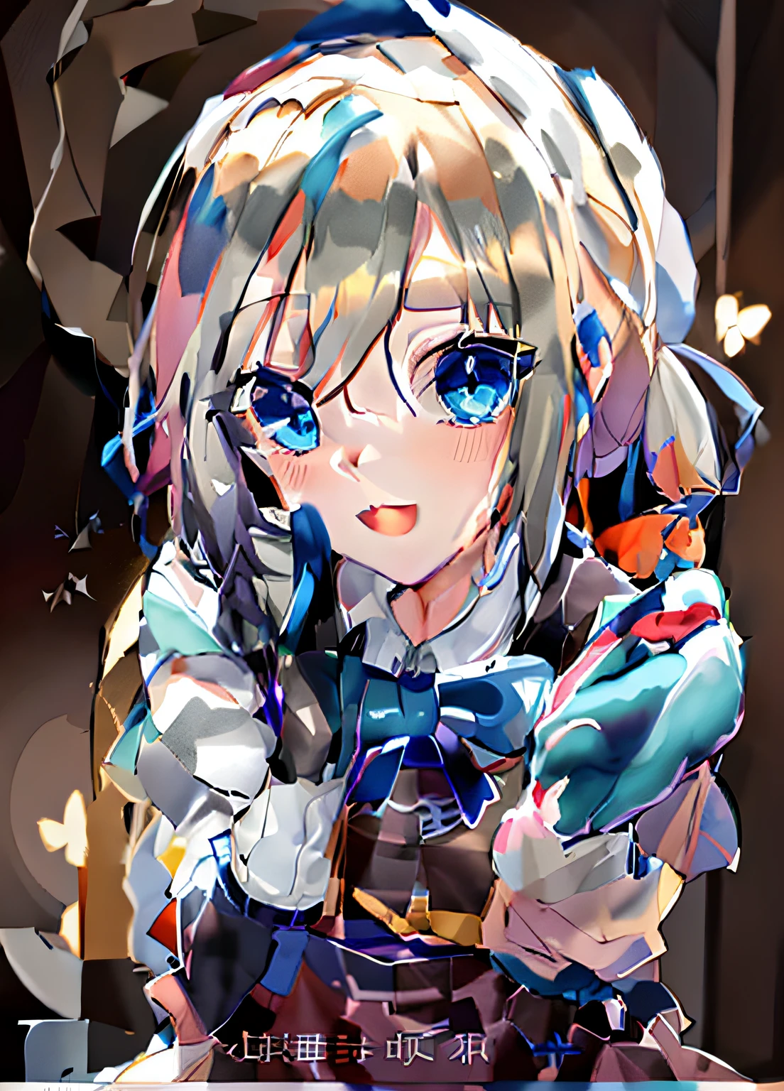 Anime girl with blue eyes and white shirt and blue gloves, anime visual of a cute girl, Splash art anime Loli, The anime girl is named Emma, extremely cute anime girl face, anime girl in a maid costume, (Anime girl), Cute anime girl, twintails white_mitts, cute anime girl portraits, Pisif, with index finger, An anime girl