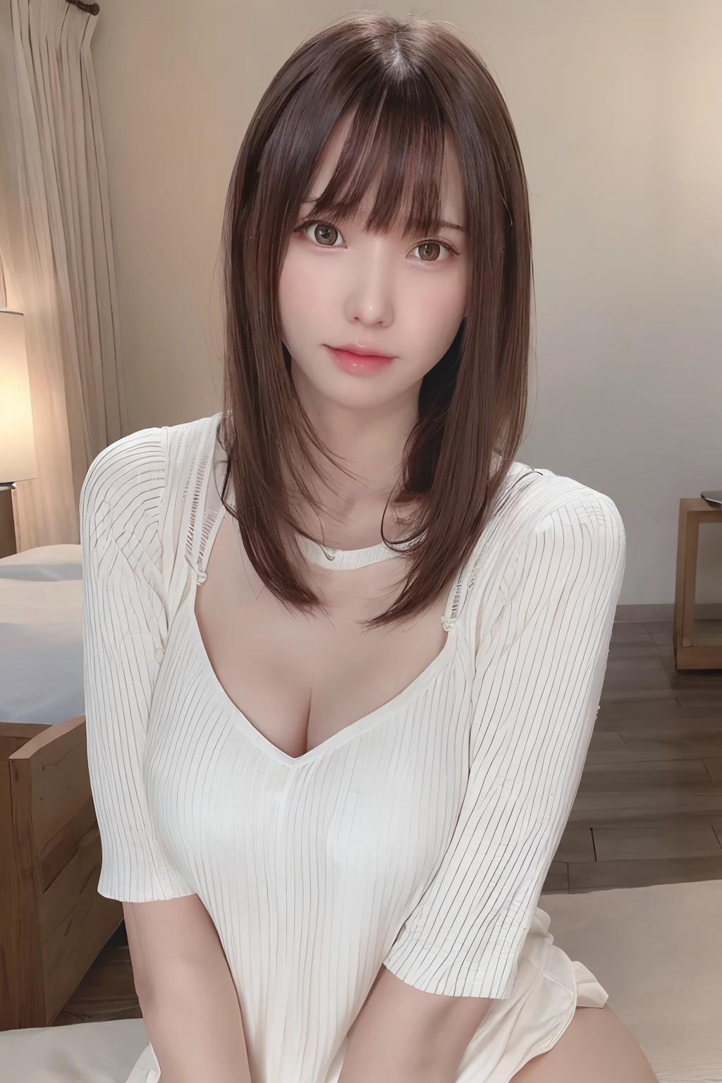 top-quality,ultra-detailliert,masterpiece,realisitic,Photo Real,Bright lighting,Perfect Anatomy、NSFW.1 girl in, an extremely beautiful , (very extremely beautiful:1.2),Thin smile, (Brown eyes),(brown haired、bangss、Medium bob、Outer Honeycomb Hair:1.5)、Height 149 cm、perfect glossy skin,flawless skin,((erotick,Sexy and sexually explicit、seduces)),((accurate hands without incongruity)), (large full breasts,cleavage of the breast:1.5),(Black Sexy Lingerie:1.5),(White shorts:1.5),(White knee-high:1.2),((Sit up,spread legswide)), bare-legged、during daytime,wide々and dark space々traditional Japanese room、On tatami mats