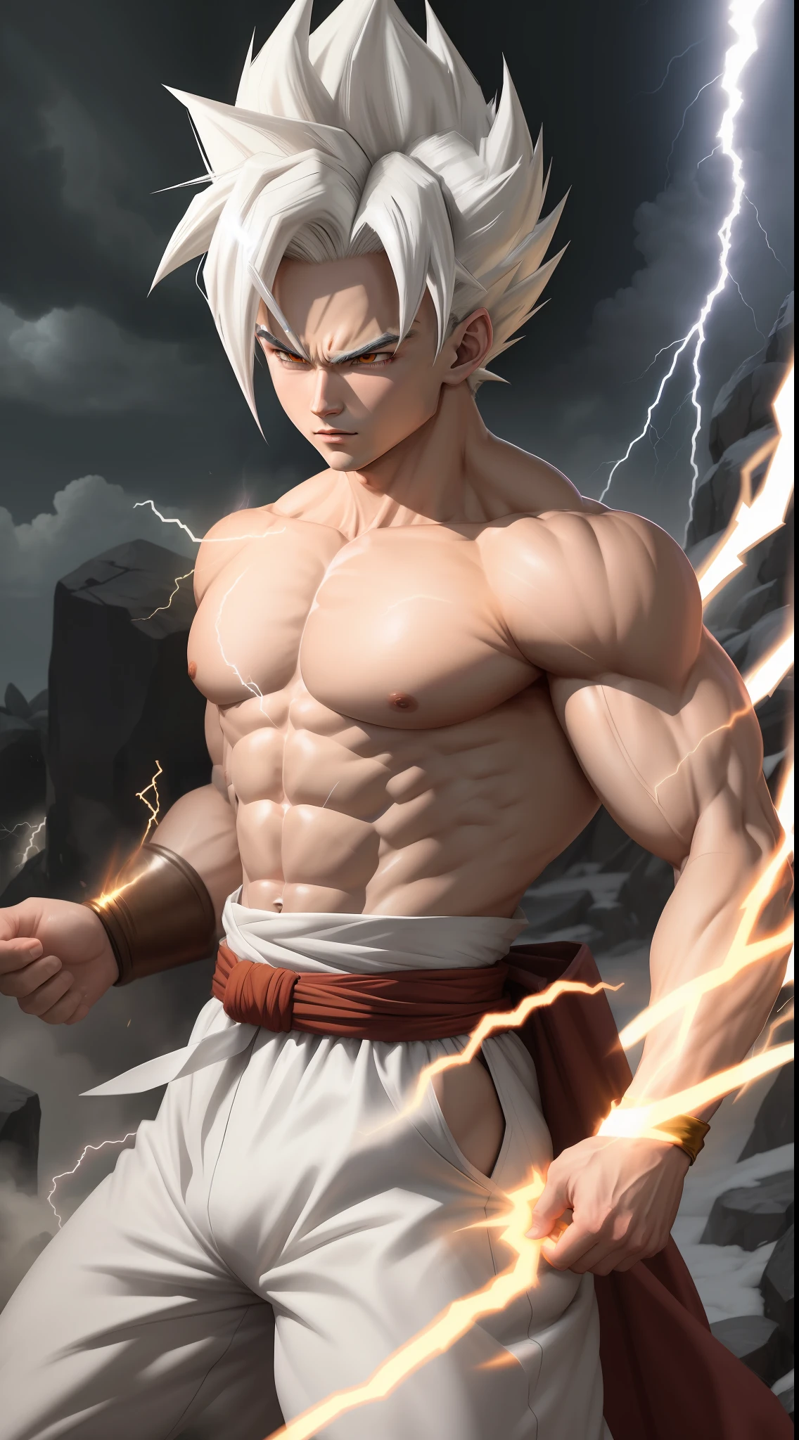 masterpiece, best quality, gohan, super Saiyan level 10 lightning bolts around body white hair slow to accumulate energy in thunderous environment