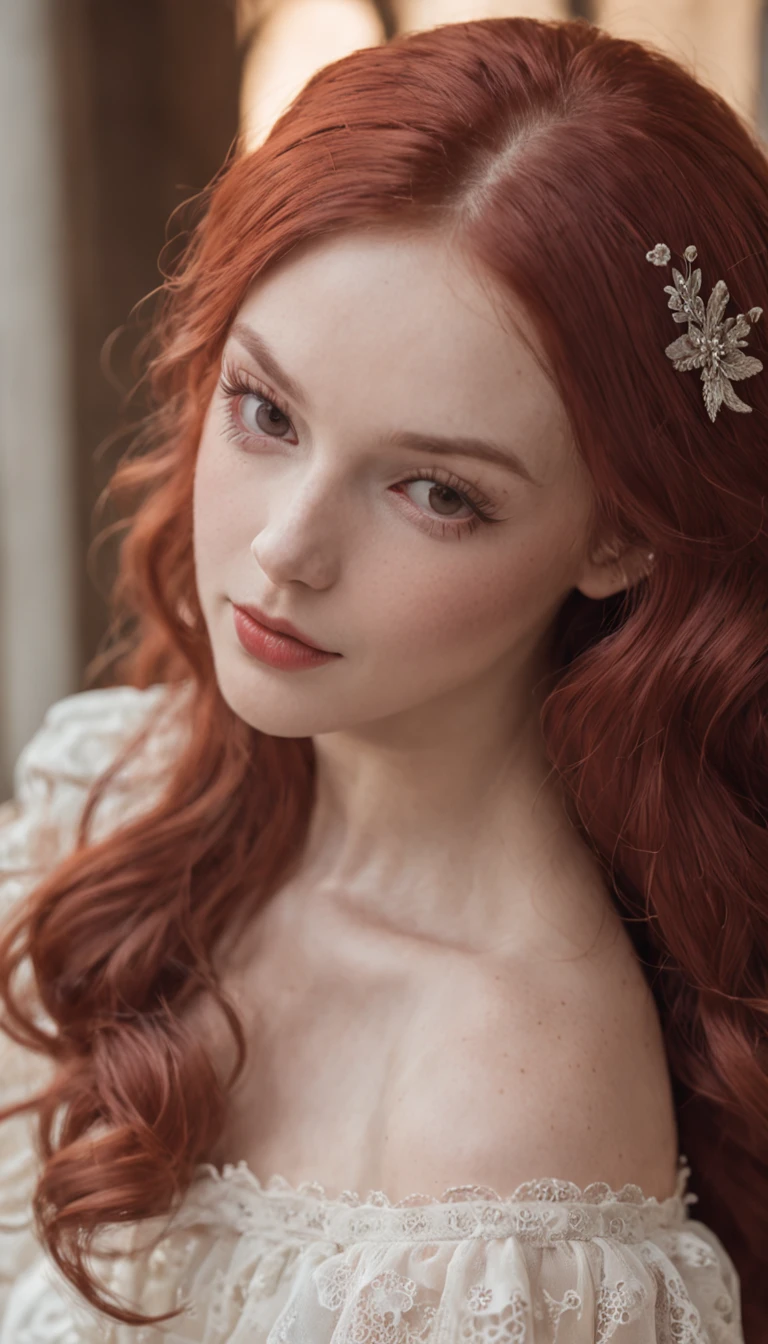 Portrait of beautiful redhead girl identical to Ariana Grande with hair up and gold headband and a bridal tulle
