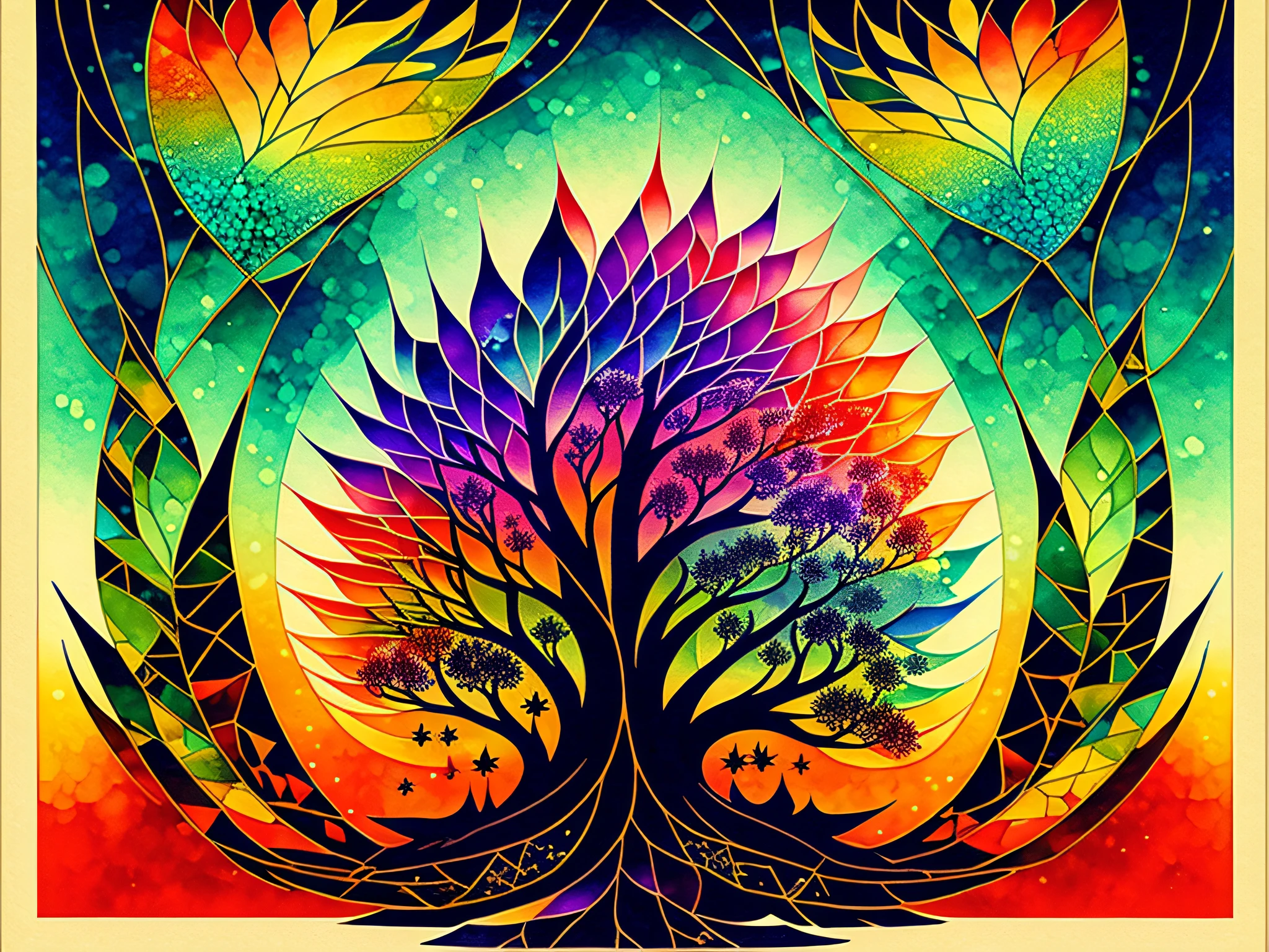 Shin - hanga, nature, vivid colors, fractal art in the style of alcohol ink, mosaic