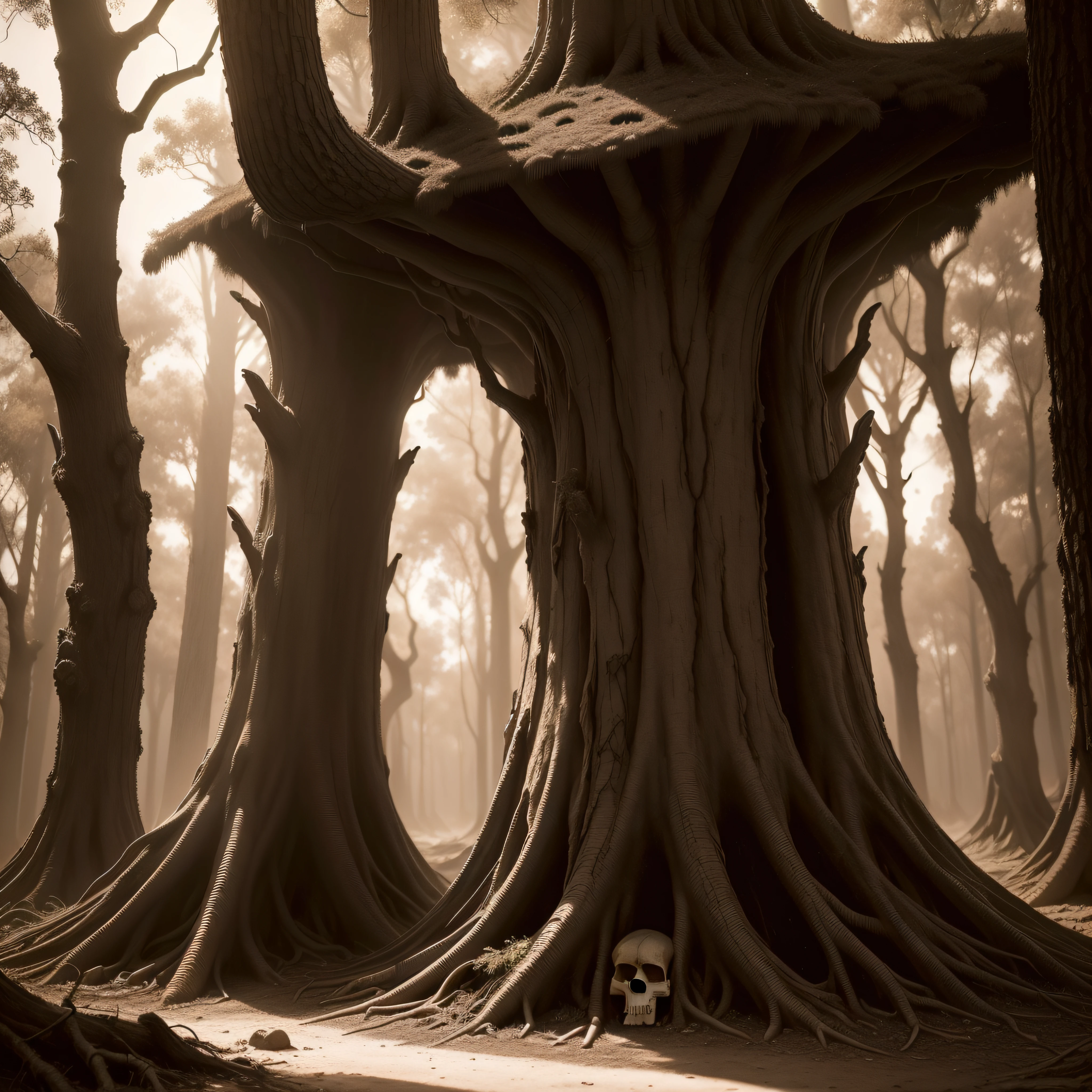 (extremadamente detallado, obra maestra, La mejor calidad, Tono sepia) bosque enorme, Skulls come out of tree trunks, ruinas. Daytime Lighting.