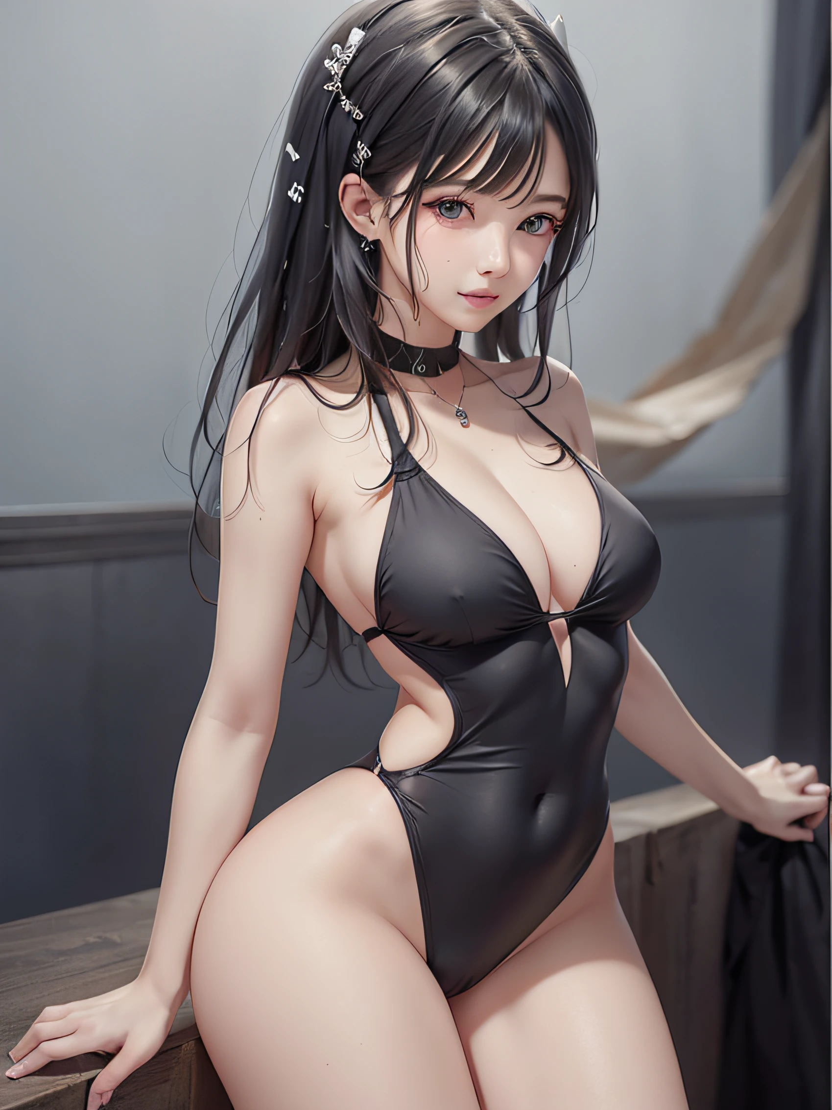 (Top quality, masterpiece: 1.2), 1girl, beautiful, cute, beautiful, style, sexy, elegant, attractive, sexy, beautiful and well-groomed face, beautiful eyes, beautiful hair, smooth skin, beautiful mouth, smooth legs, balanced body, fashionable with a change of clothes, mizuki yukikaze, hair ribbon, one pee stan, competitive swimsuit black theme