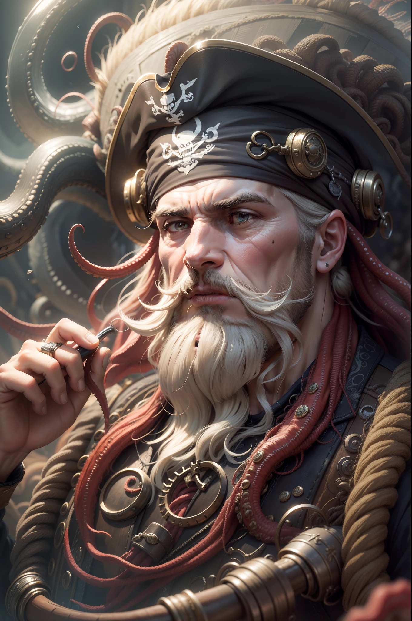 Close up portrait of a pirate with hat and beard, Davy Jones with tentacles, Davy Jones, Tentacle beard,Hair is made of tentacles、 squids, his trunk is a long tentacle,Bearded octopus tentacles、 long faint tentacles, , He is covered with barnacles, imagem 4k、超A high resolution、Inside the Ship、There's a Kraken behind