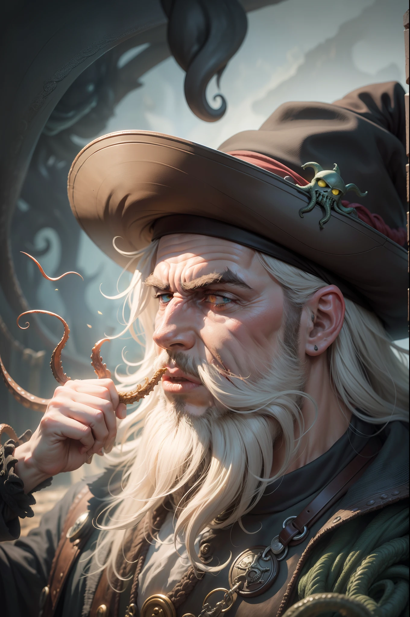 Close up portrait of a pirate with hat and beard, Davy Jones with tentacles, Davy Jones, Tentacle beard, h.P. Lovecraft as Cthulhu, Cthulhu squid, his trunk is a long tentacle, long faint tentacles, , He is covered with barnacles, imagem 4k、超A high resolution、Inside the Ship