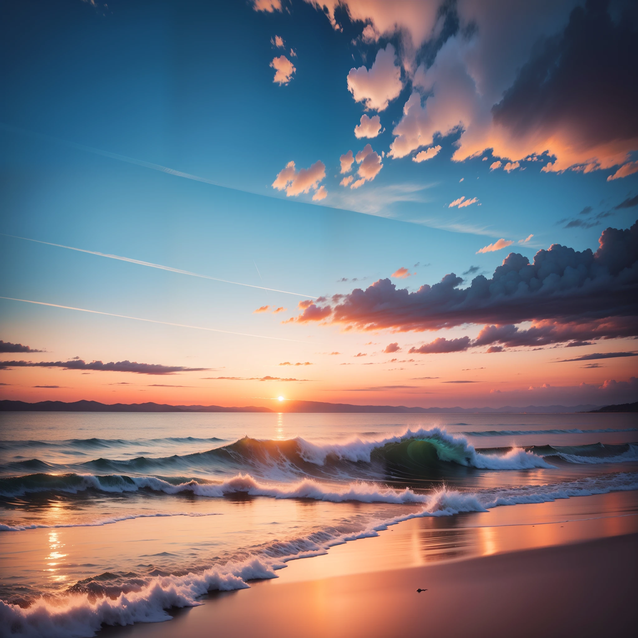 Vivid sunrise over calm waters、Contrasting colors of sky and sea illuminated by warm sunshine