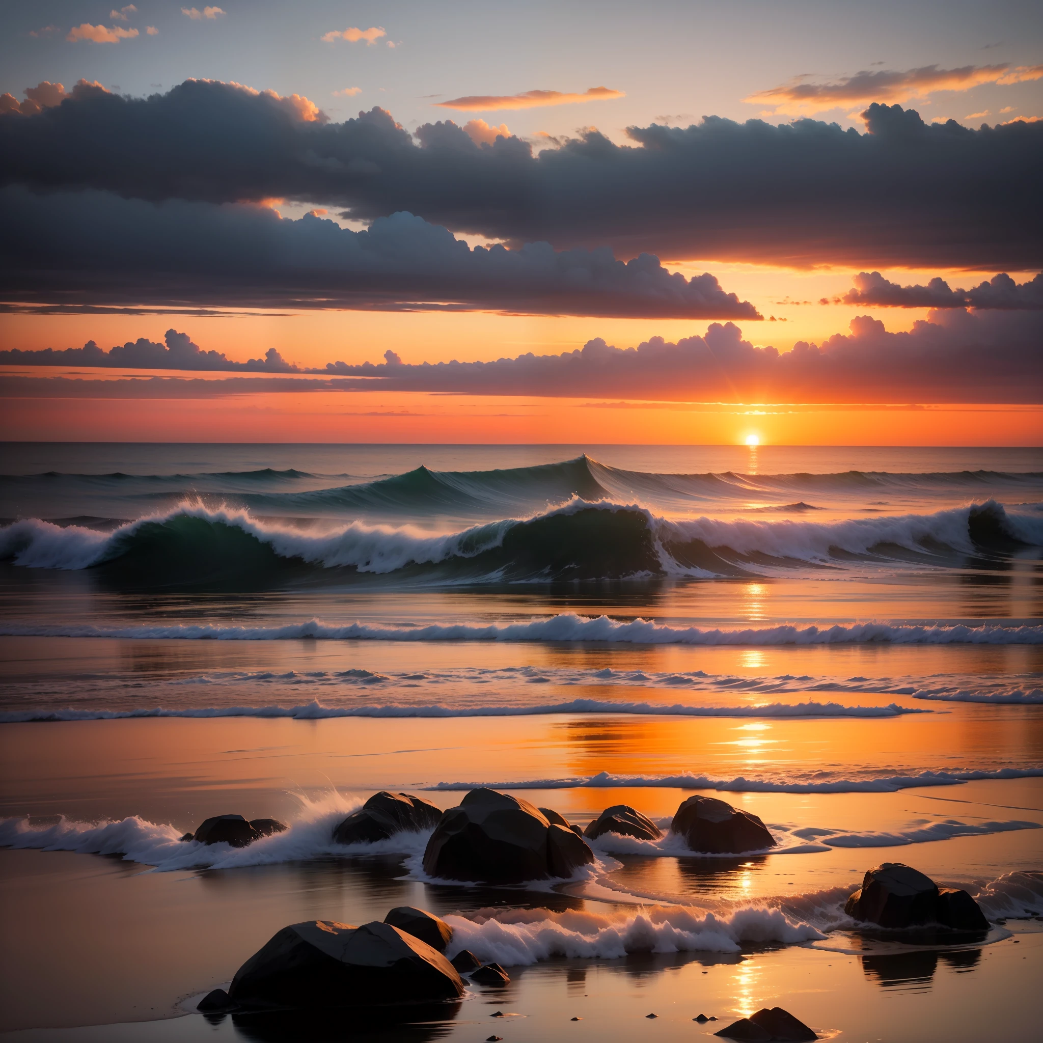 Vivid sunrise over calm waters、Contrasting colors of sky and sea illuminated by warm sunshine