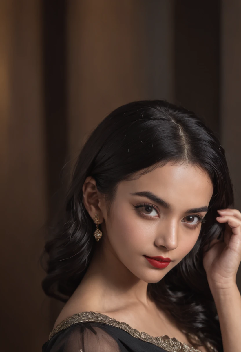 panoramic long shot of a beautiful south asian girl, looking at the viewer in a playful gaze, dynamic pose, old classic , wavy black hair, 50s pin up style, intricate, detailed, DSLR camera , 8K UHD, deep blacks, post processing, nubian nose, protruding teeth, prominent tight breast