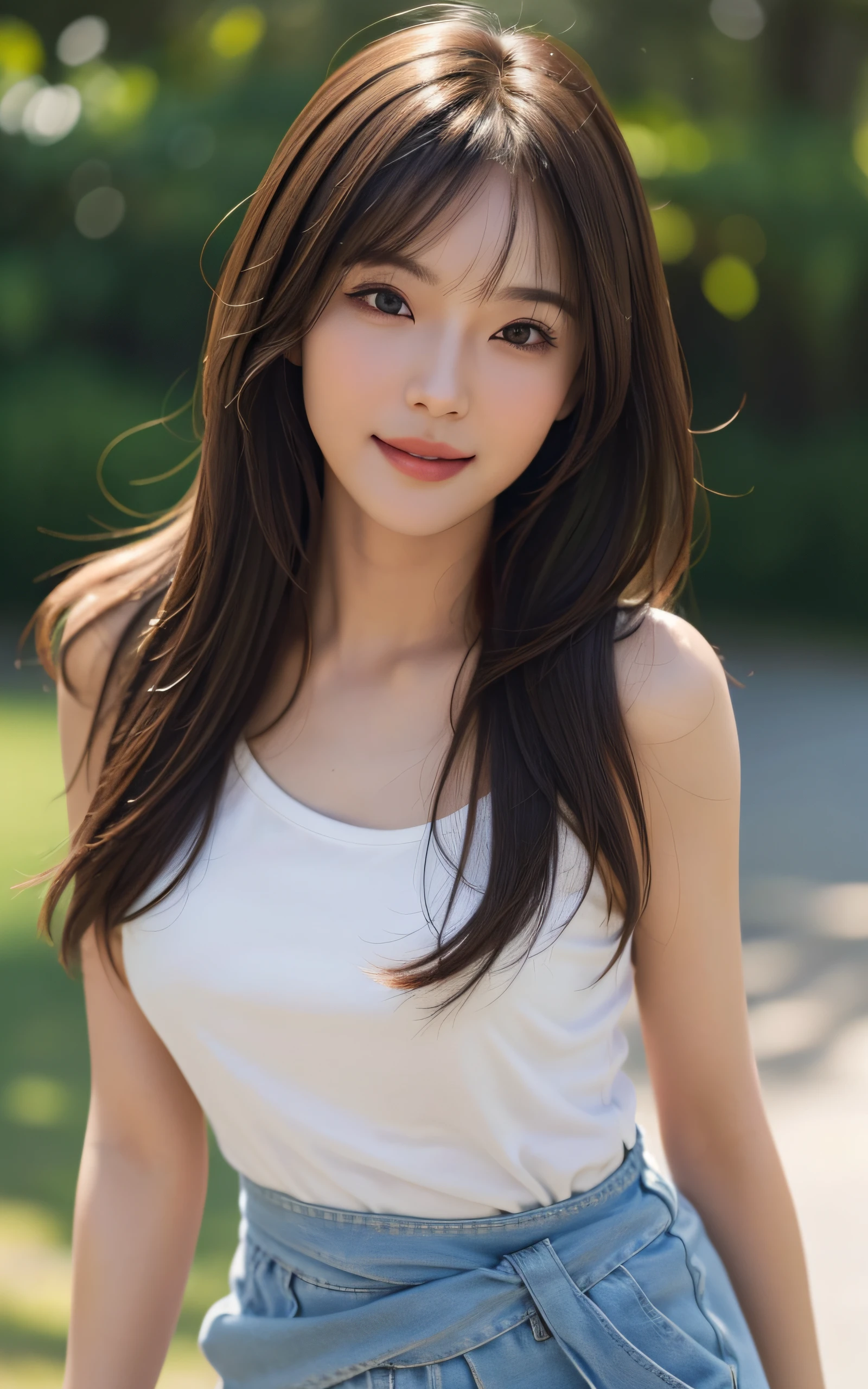 Masterpiece, best picture quality, high quality, beautiful woman, Japanese, detailed, detailed eyes, detailed skin, beautiful skin, ultra high resolution, (reality: 1.4),very beautiful, slightly younger face, beautiful skin, slender, (ultra realistic), (highresolution), (8K), (very detailed) (beautifully detailed eyes), (super detailed), T-shirt, skirt, (wallpaper), (detailed face), looking at viewer, fine details, detailed face, smiling, looking straight ahead, looking straight ahead, angle from waist up, realistic photo, bright lighting, professional lighting, mature woman, brown hair, sway in the wind shoulder length straight hair, long stylish bangs,