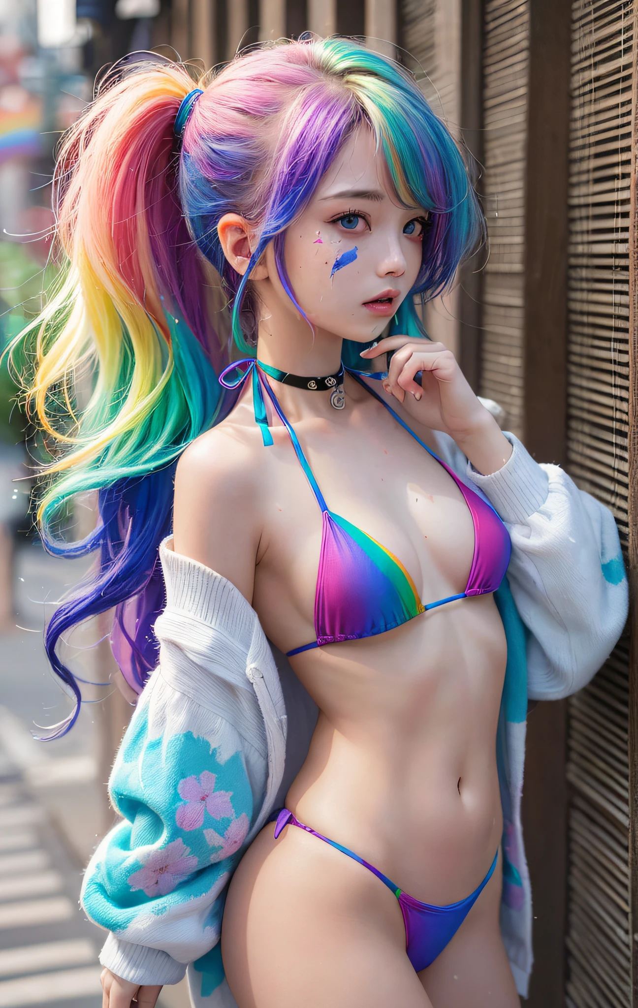 female vampire、Full body portrait、is standing、(Colorful fashion ultra mini bikini:1.9)、(colourful hair:1.8)、(all the colours of the rainbow:1.8)、(((Vertical Painting:1.6)))、(Painterly、:1.6)、frontage、comic strip、illustratio、Painterly、、big eye、Sheer eyes、(Iridescent gradient high ponytail:1.7)、Exquisite makeup、Keep your mouth shut、(Small fresh:1.5)、(Colossal tits:1.6)、long eyeslashes、looking at the spectator、Large watery eyes、(rainbow-colored hair:1.6)、color splashes、 (独奏、:1.8), color splashes, explosion of colors, Thick paint style, Messy lines, ((glinting)), (colourfull), (colourfull), colourfull, colourfull, Chic paint style, (Splash) (color splashes), Vertical Painting, The upper part of the body, Paint splashes, Acrylic Pigment, gradients, paint, top-quality, top-quality, masuter piece, , 独奏, , depth of fields, facepaint, colourful clothes, (elegent: 1.2), Gorgeous,length hair, the wind, (elegent: 1.3), (flower petals:1.4), (((masuter piece、)))、(((top-quality)))、((ultra-detailliert))、(illustratio)、(dynamic ungle)、((Planktonic))、(paint)、((dishevled hair))、(独奏、)、(1girl in)、(((Detailed anima face)))、((Beautiful Detail Face))、With collar、bare shoulders、white hair、((colourful hair))、(((striated hair))、beatiful detailed eyes、(Gradient color eyes)、(((Colorful eyes)))、(colorful backdrop))))、((((a high chroma))))、(((Surrounded by colorful splashes)))、