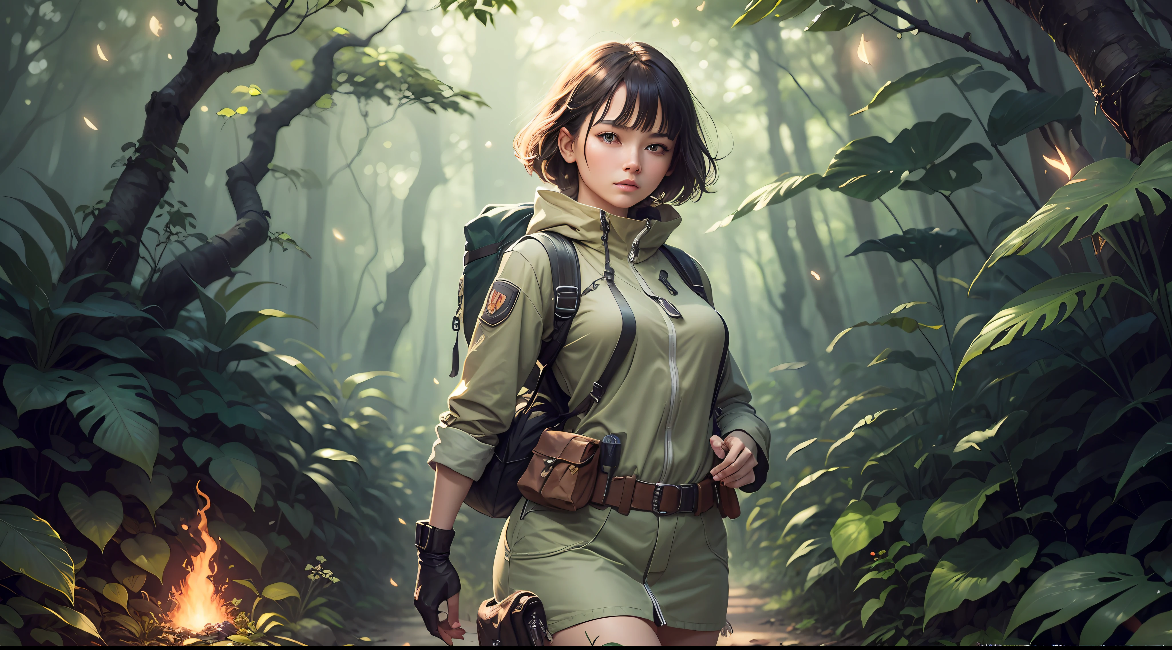 Beautiful adult woman, whole-length, Beautiful figure, Barbarians from the islands, Hunter of mysterious creatures, Observe the creatures, ambush, Organisms discovered by the research, Wear ranger clothes, Bring a large backpack, Detailed clothes, Many pockets, Multiple belts, Everything hangs gadgets, Catch mysterious little creatures, Hunt small creatures, Mysterious Forest, Beautiful forest, Nature surrounded by flowers, delicate leaves and branches surrounded by fireflies, nature elements, Jungle theme, Leaves, branches, glowworm, particle fx, Super detail