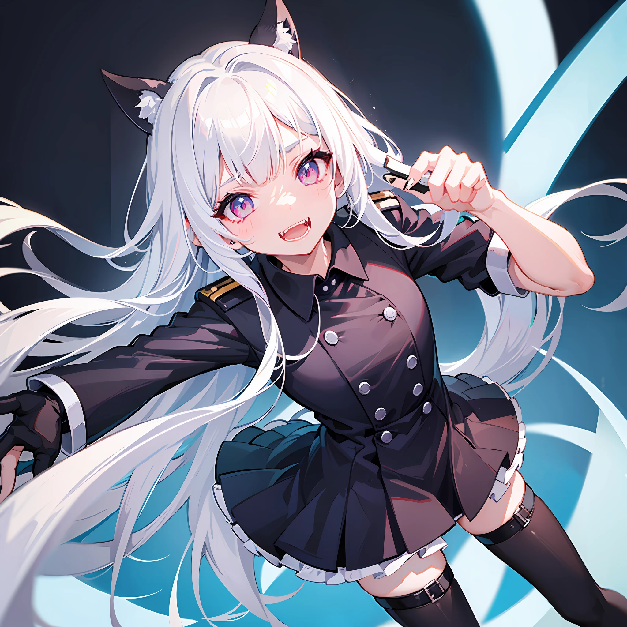 long hair, White hair, black inner hair, open mouth, smile, flustered, Illustration where the pupil does not overlap the lower lash line, The lower half of the eye is white, vacant eyes, black eyes, oversized clothes, sleeves past wrists, , black cardigan, black ribbon, piercing, stuffed animal, White background, 1girl, cat ear,solo, hairpin,Take a picture herself