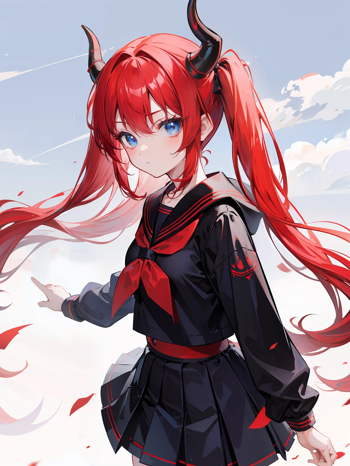red hair, blue eyes, twintails, Sailor suit,black coat, Dragon horns,Pleated skirt,solo,loli,cute,bow