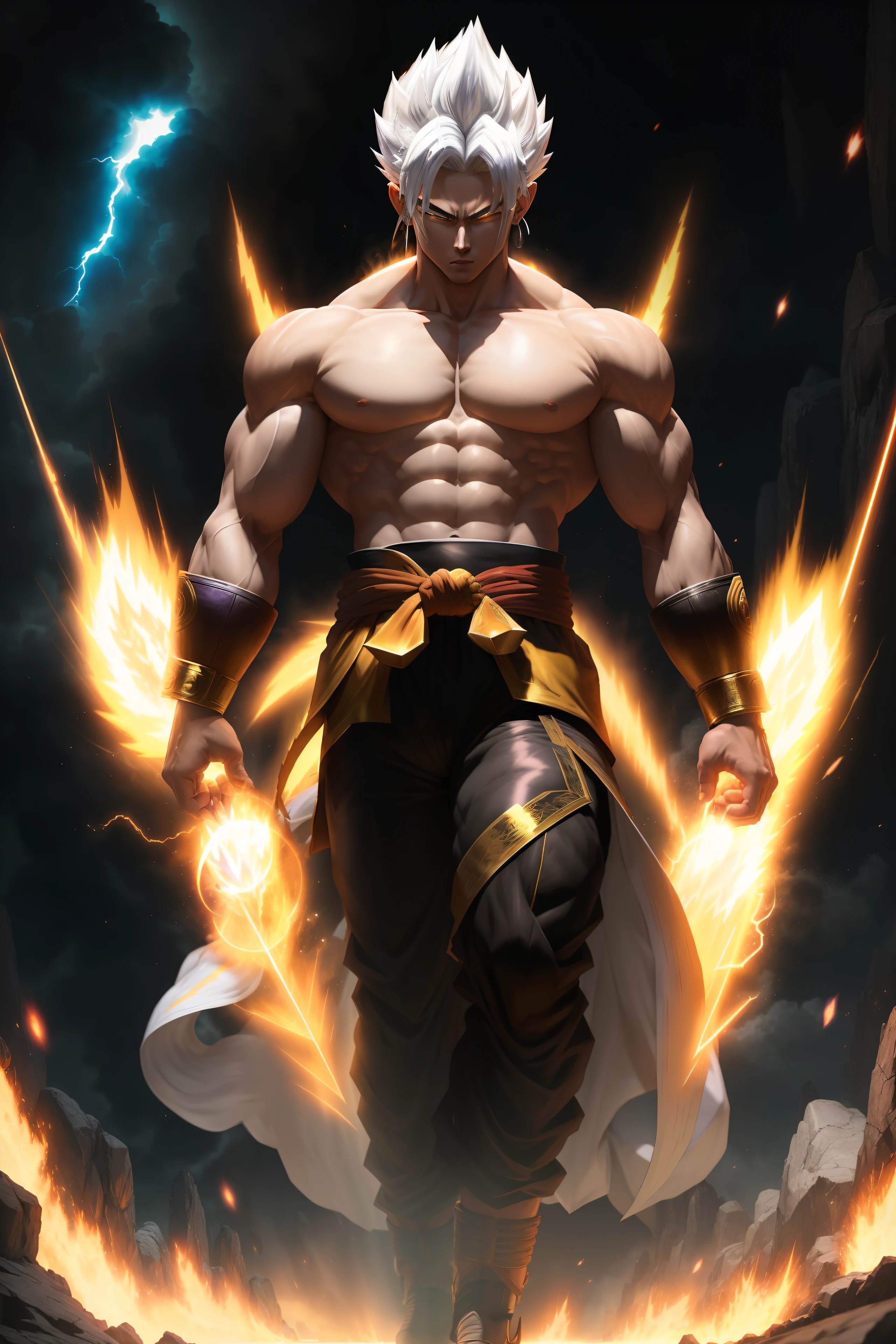 masterpiece, best quality, gohan, super Saiyan level 10 thunder around white hair body walking slow in space