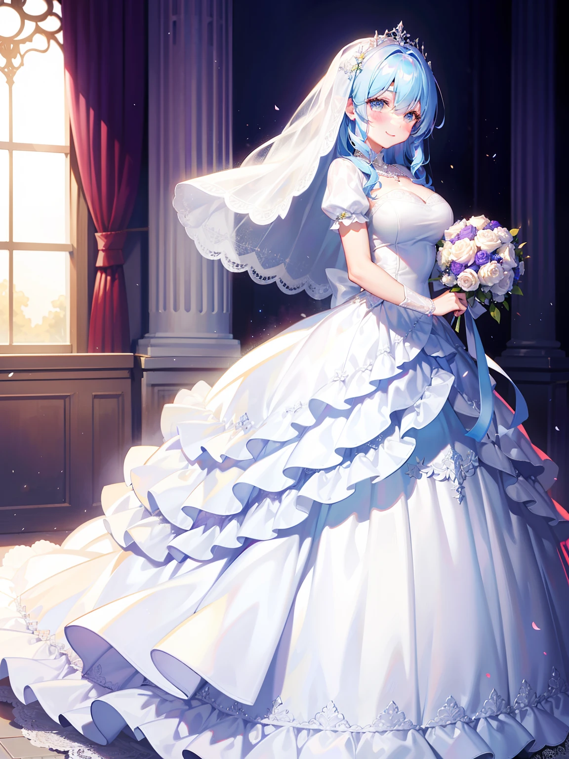 ，wedding gown，Bride，marriage，Beautifully dressed，Shiny clothes，Lace on clothes，Clothes lace，Large skirt，Lace trim，stand posture，facing the front there，Flowers in hand，ssmile，light yarn，full bodyesbian