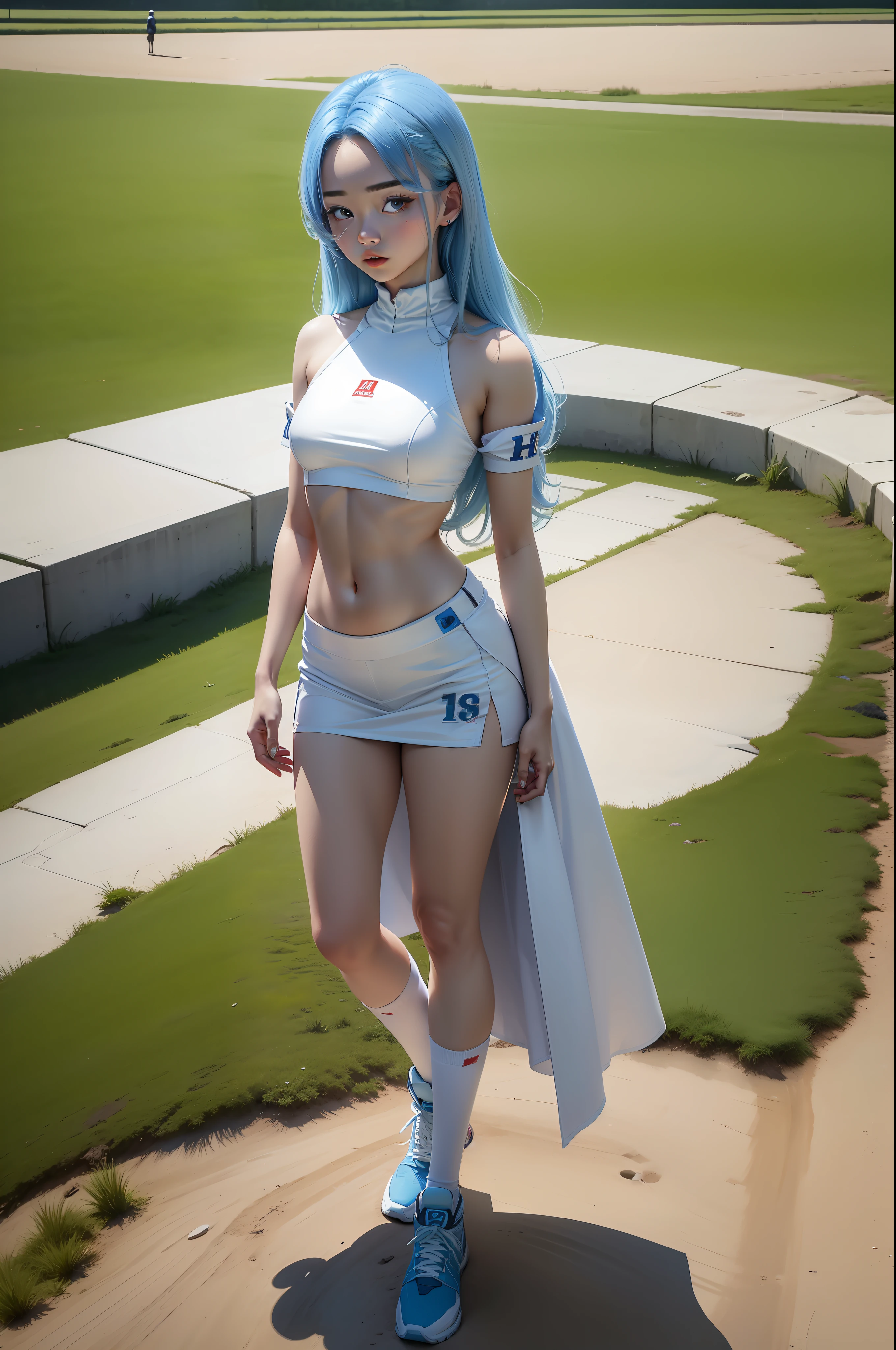 "Full body view of 18 years old Kim Chaewon in a white revealing outfit with blue hair and red highlight. She is standing confidently on a field, with a slight exposure of her midriff and a petite figure. The photo is captured in UHD 4K, exhibiting exquisite details."