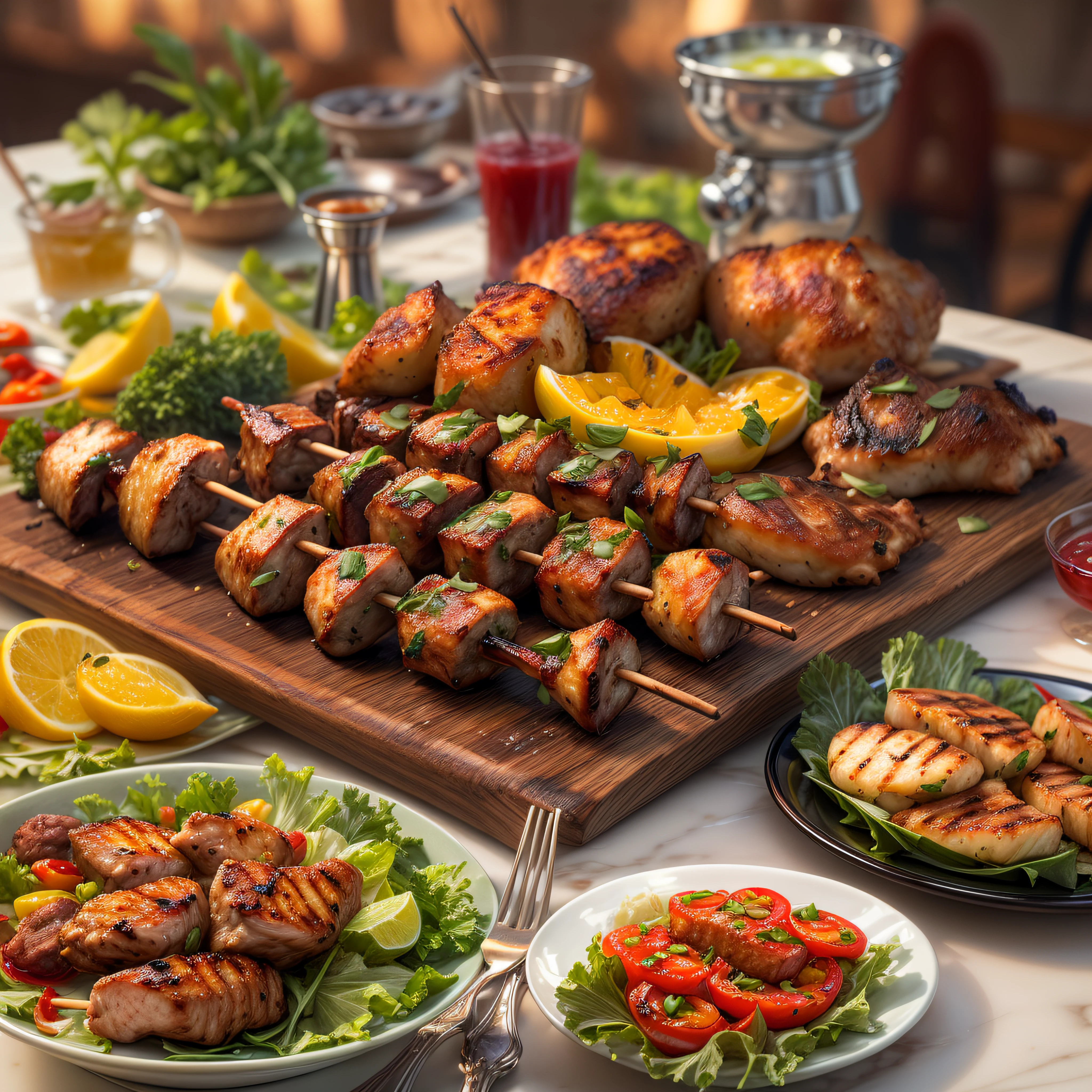 (Full Focus:1.5),(Placed on the dining table, Kebabs|Roast scallops|lewd juice|Grilled chicken wings|Grilled fish fillets:1.2), ray tracing, masterpiece, super detail, high details, high quality, best quality, highres