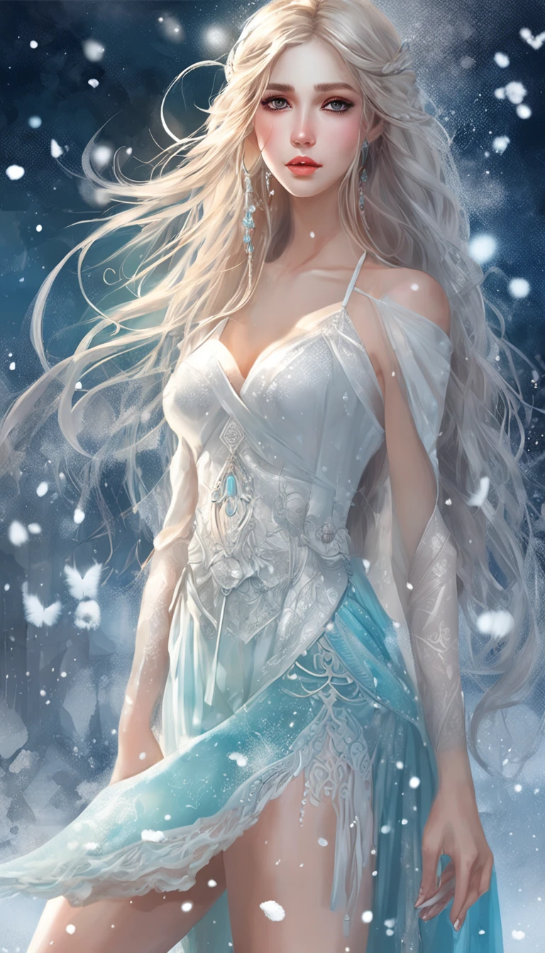 ((from below)), ((knee shot)), ((cross legged)), ((realistic)), standing on your feet, erect through, Beautiful young girl, Sexy goddess, Beautiful hair accessories, slender leg, cold light, the night, nevando, snowfield, (Skirt, One shoulder, Floral, Lots of patterns), (cyan colors, white colors), Detailed scenes, Beautiful digital illustration, the detail,Hyper-detailed, (correct hand, beautiful hand), (Solve the problem correctly), (best qualtiy,tmasterpiece)