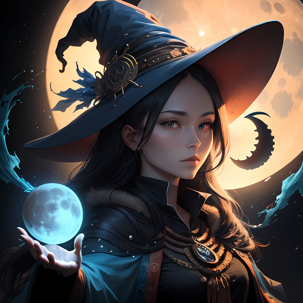 (masutepiece, Best Quality : 1.2), witch doctor, Magic, Highly detailed, fractals, Dark, Moon, Blue soul floating upwards, mirrors, Air distortion, Highly detailed background, Portrait, Blue dust