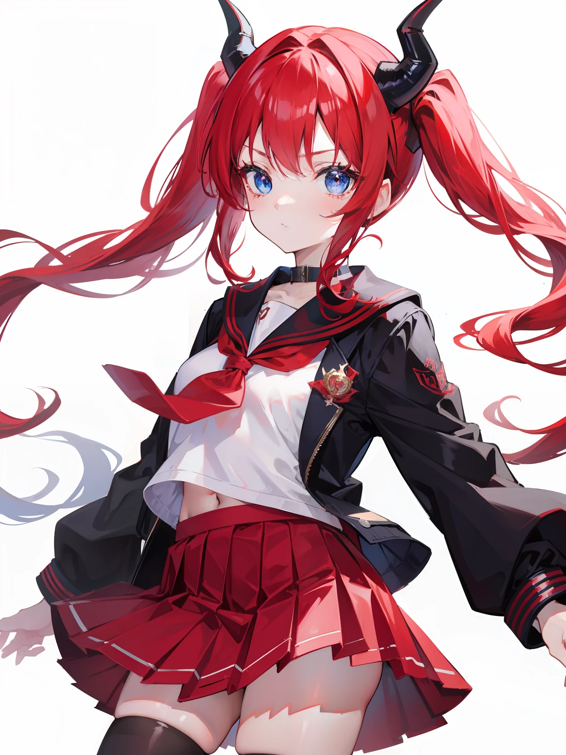 red hair, blue eyes, twintails, Sailor suit,black coat, Dragon horns,Pleated skirt,solo,loli,cute,bow