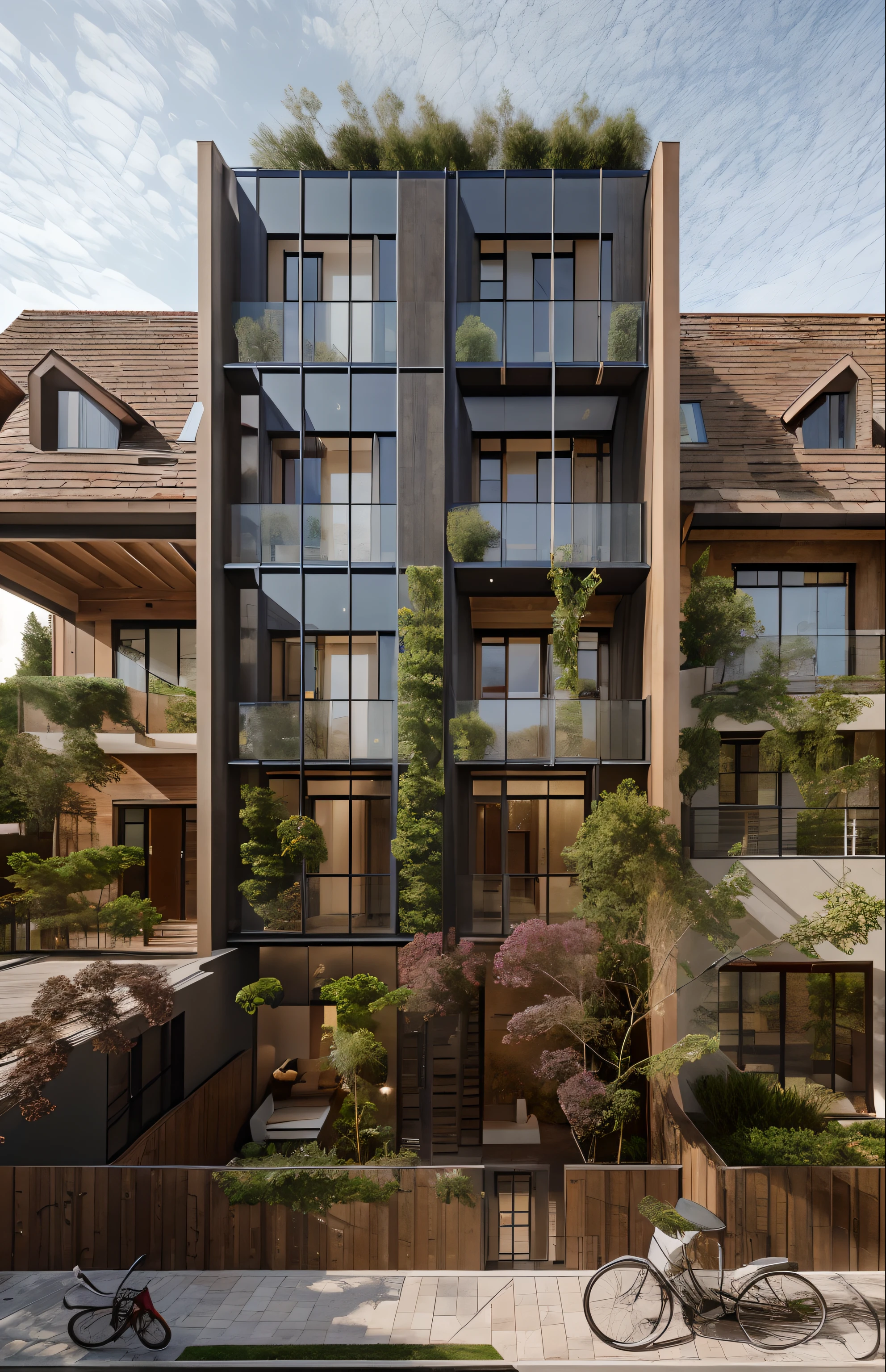 modernvilla, mabuilding, front, architecture, brick and metal, photo of a house, architecture, beautiful, masterpiece, best quality, super detailed, realistic, photorealistic, 8k, sharp focus