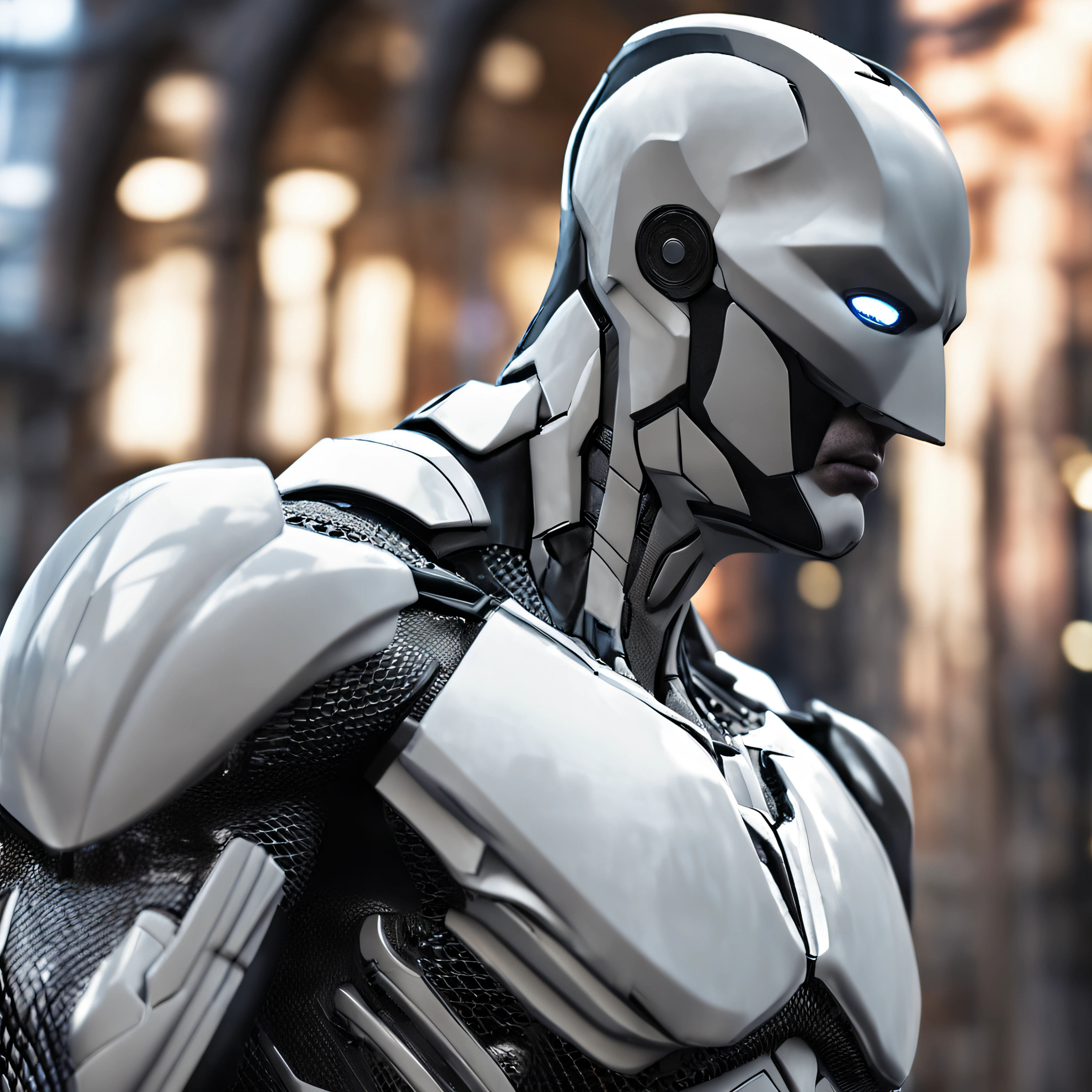 :White Batman realistic focus on an advanced cybernetic masterpiece suit, Kinematic, aerodynamic, alta qualidade ::n_desenho de estilo, Low-quality imperfection, boneco, jogo, anime