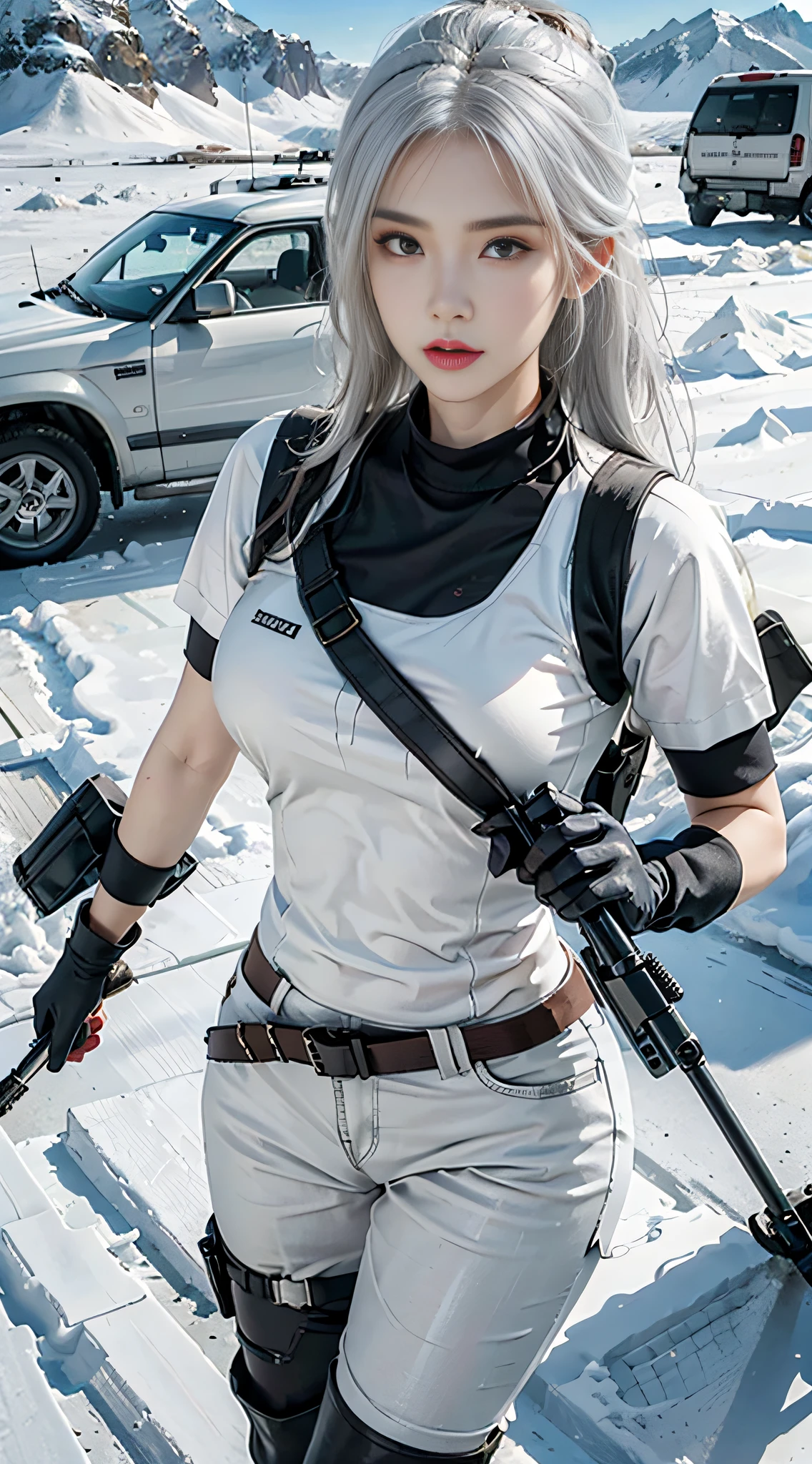 Photorealistic, high resolution, 1womanl, in a panoramic view，army boots，Solo, Arctic snow background，looking to the camera，Hips up, view the viewer, (Detailed face), White hair, SWAT short-sleeved T-shirt，SWAT vests, obi strip，submachine gun, Thin clothing