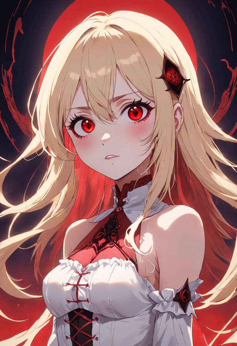 (((masterpiece))) Priestess, naked, blonde hair, human girl, horror theme, in a dark cave, glowing red eyes, shaded under face, slender body, ,small breast, evil sinister smile, evil, seductive pose, looking at viewer