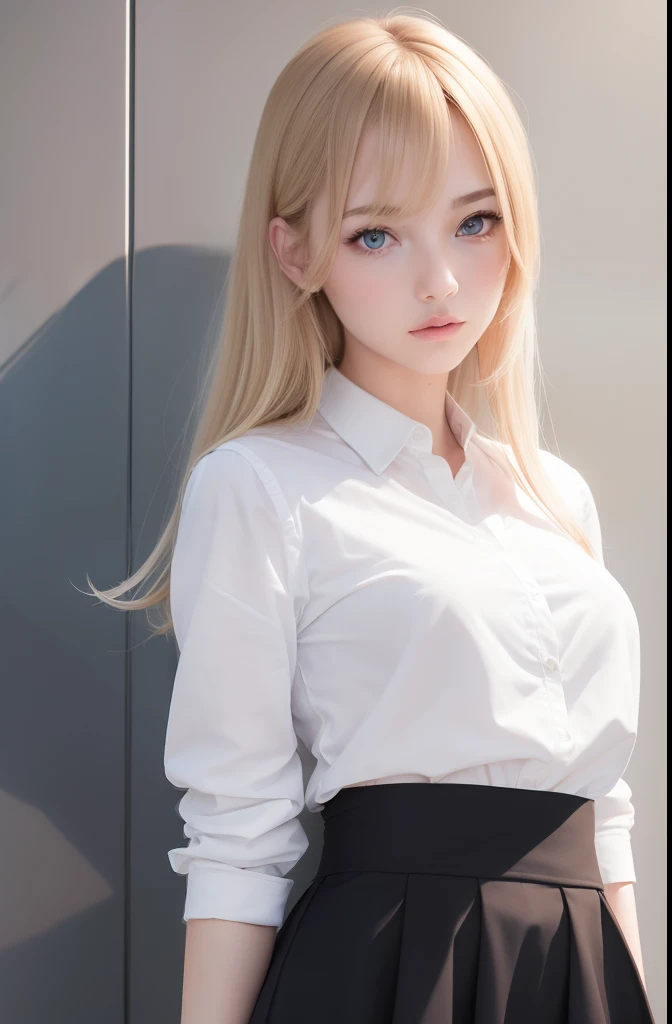 top-quality, masterpiece, ultra-detailliert, a beautiful detailed girl, extremely detailed eye and face, girl, cutebeauty girl, hi-school girl, japanes, a blond, Shoot hair, bangss, shinny hair, Very detailed depiction of hair, beatiful detailed eyes, big eye, radiant eyes, Short blazer, a miniskirt, shirt, neck tie, slender style, middlebreasts