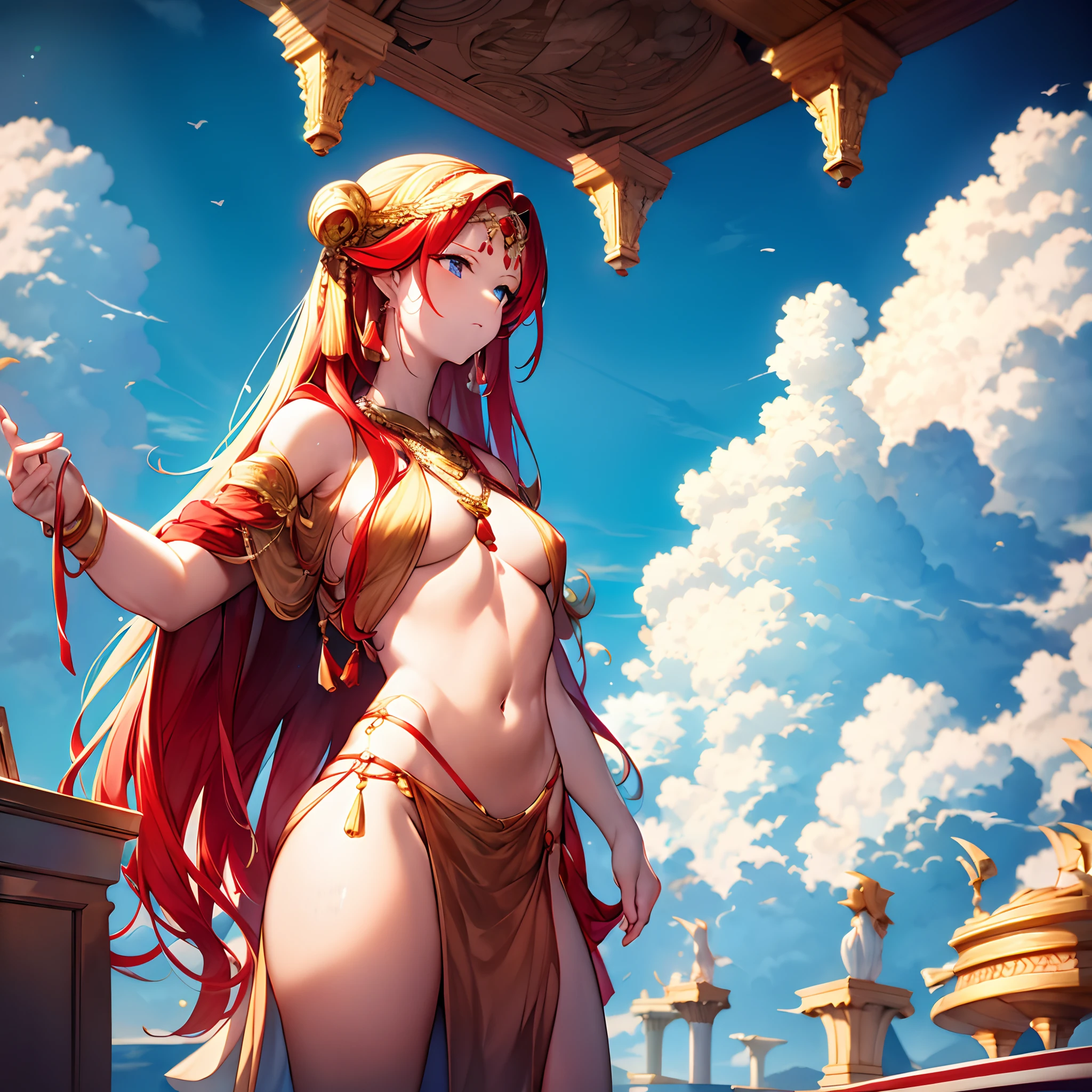 Best quality, highest resolution,multicolored hair, Red very long hair:1.2, azure fringes, greek goddess, golden accessories, young girl, looking down the clouds, view from the side, clouds in background, tired expression