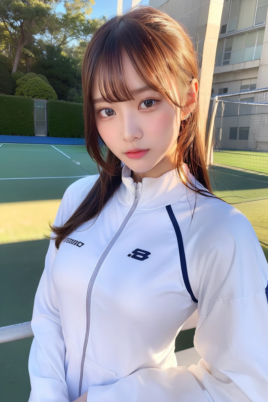 top-quality、masterpiece、超A high resolution、(Photorealsitic:1.4)、Raw photo、女の子1人、shinny skin、Wearing a tennis suit、Tennis Girl、dramatic lighting、Detailed duplex、Top image quality、a beautiful detailed girl、extremely detailed eye and face、beatiful detailed eyes
