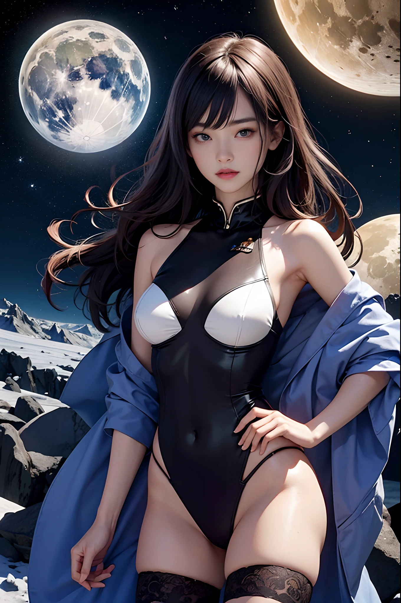 Official art, 统一 8k 壁纸, ultra-detailliert, Beautifully Aesthetic, ​masterpiece, top-quality,  girl with, High school students,A dark-haired, japanes,dynamic ungle, Cowboy Shot, bright colour, (half: 1.2), (Dreams: 1.5), (Han Feng: 1.5),reallistic,a picture,A sexy,Soft look,erotick,The location is on the moon,a navel,space astronaut,stele,High school girl dressed as an astronaut,Dynamism,NASA,High school girl showing off purple underwear,,Distant stars,The planet is far away,panties on,Lunar surface,breastsout