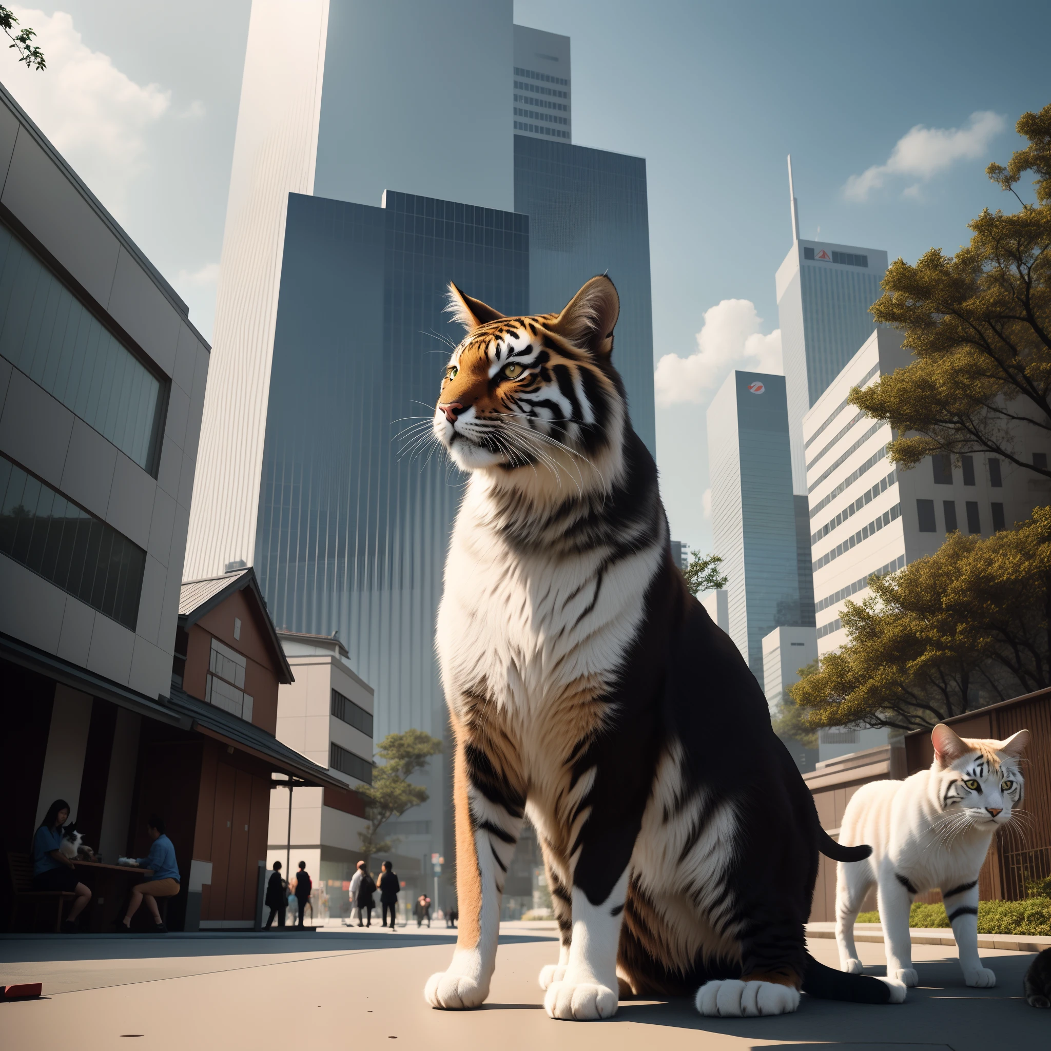 there is a cat sitting on the ground with a dog standing nearby, cat attacking tokyo, realistic anime cat, hyperrealistic picture, ultra realistic picture, hyper real render, 3 d render and matte painting, 3 d render beeple, highly realistic photo, hyper - realistic render, hyper-realistic render, realistic fantasy render, realistic picture, hyper real photo, anime cat, tiger, Cherry blossom,