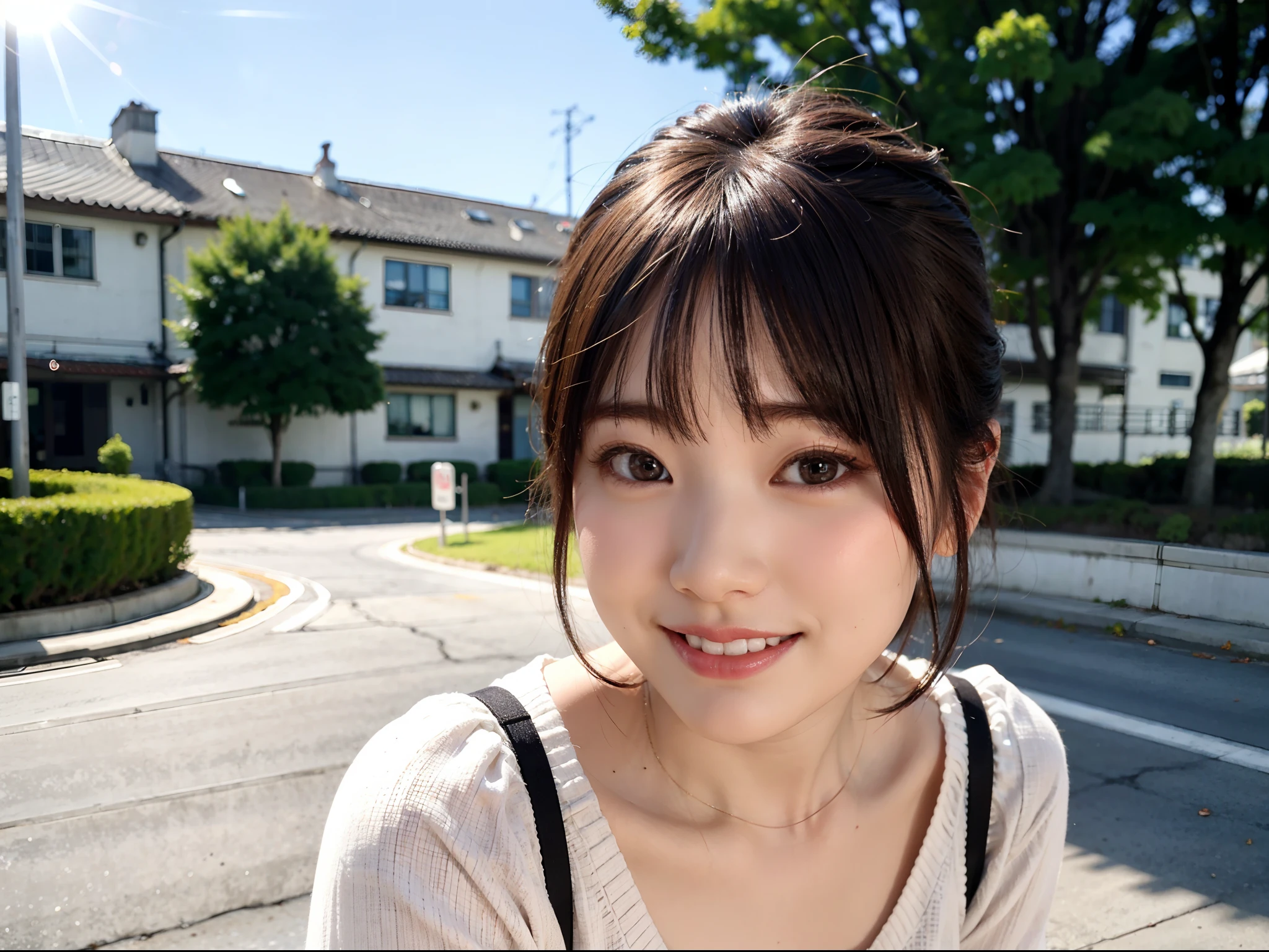 Woman posing on street corner in casual clothes、Japan girls、looking at the viewers、Pose with a smile(top-quality、​masterpiece)))、hight resolution、ighly detailed、​masterpiece、Movie Lighting、(8K、top-quality、​masterpiece:1.2)、(realisitic、Photorealsitic:1.37) Hi-Res、Super Detail、1girl in 、Asian, cute little, cute  face, 独奏, Short hair 1.2, Textured skin, beautiful smiling face, Beautiful detailed sky, Movie Lighting, depth of fields, Lens flare light、(The upper part of the body:0.5)、Dating、(blush nose)、(a smile:1.15)、(Mouth closed)tiny chest、beautiful finely detailed eyes、(Sweaters:1.1)、(shorth hair:1.2)、Floating hair Nova frog style