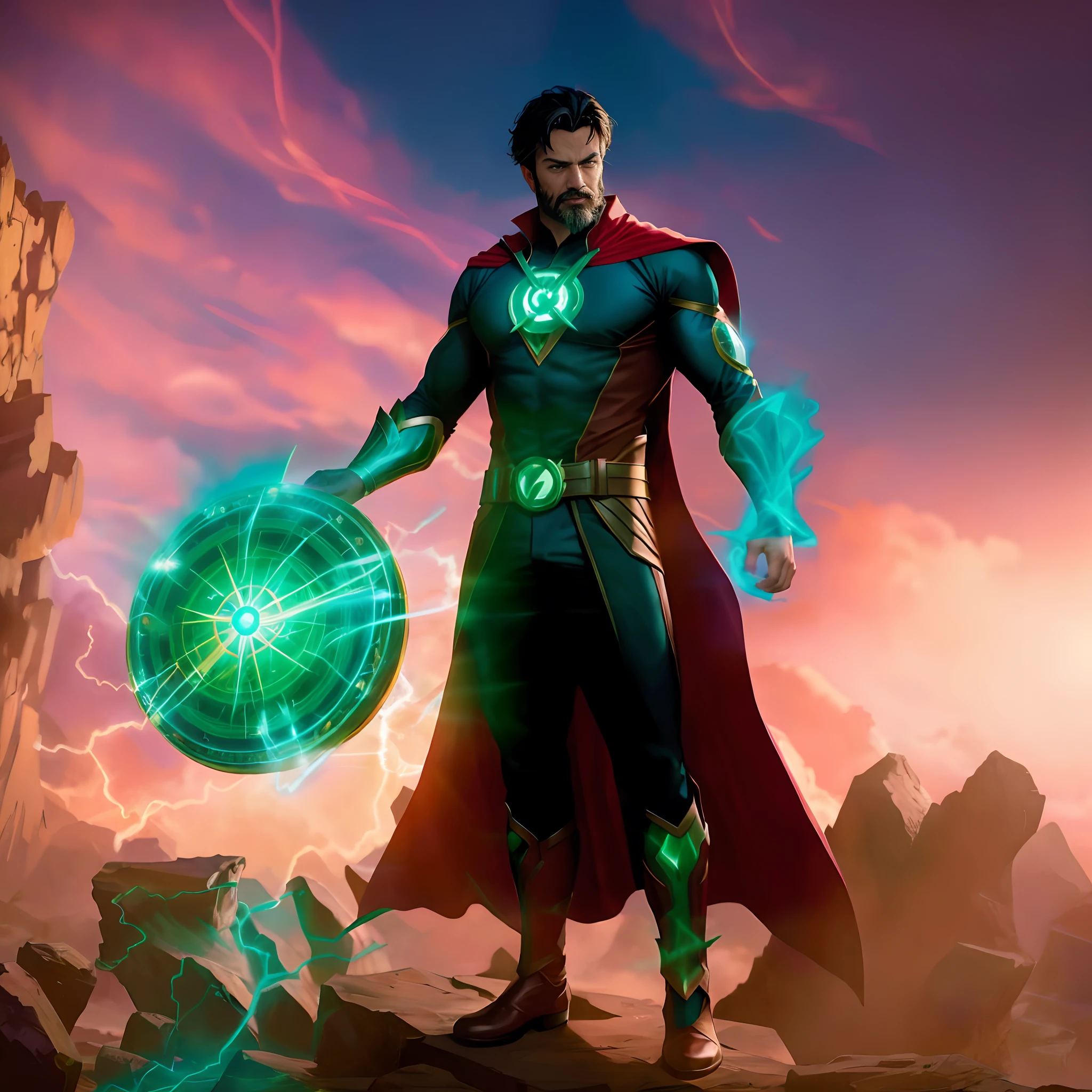 mystical magical vivid background.action-packed scene of a superhero that has the (((powerful glowing ring))) of Green Lantern and the magic of furious Doctor Strange ((wearing beard)) red cape. The superhero should be in a mystical pose, conjuring up a powerful spell with their ring and casting it at an enemy. photorealistic high detail fine line art anime, octane render unreal engine 5 cinematic, art by james lee, jon mccoy and mappa studios