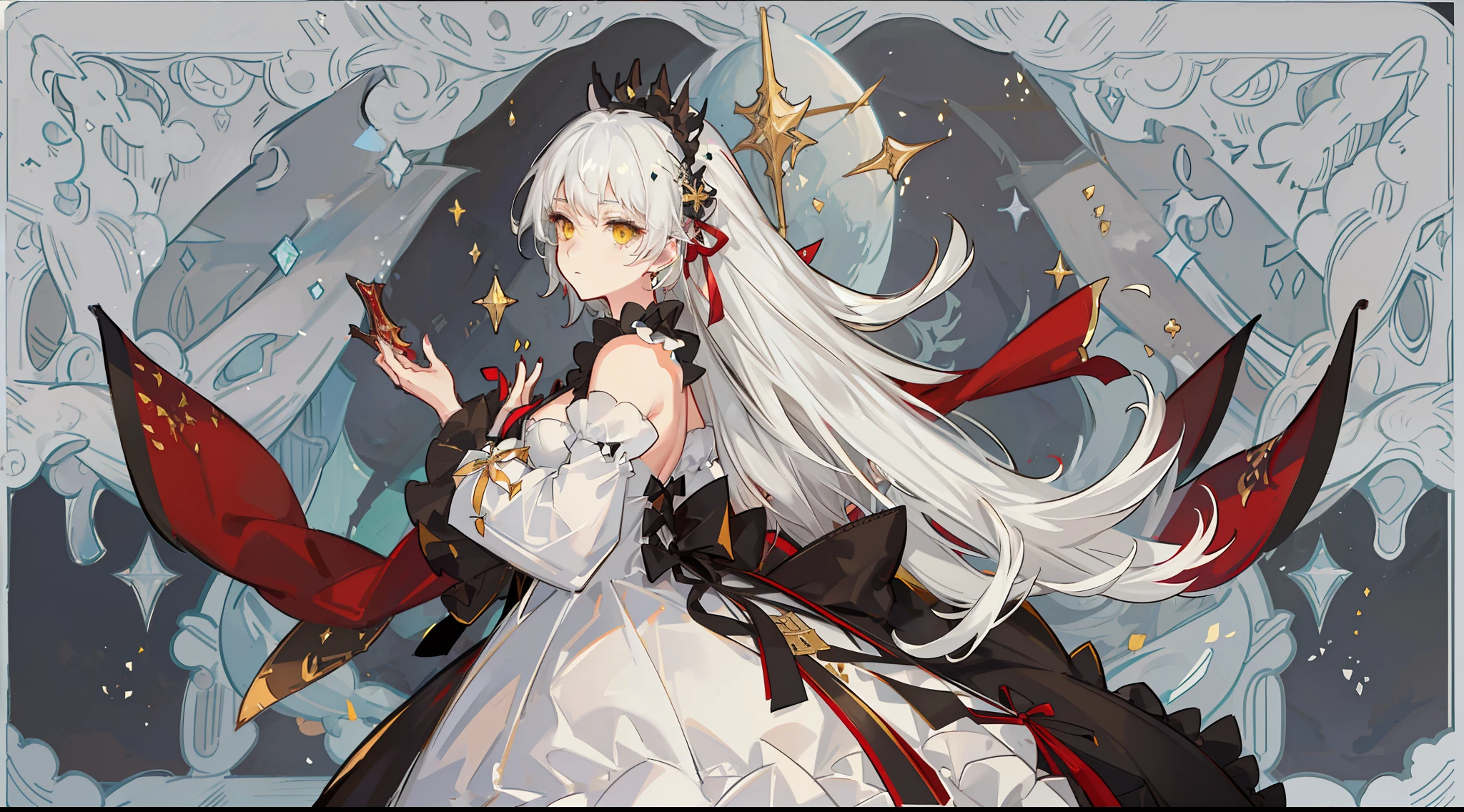 absurderes、hight resolution、(Official Art、Beautifully Aesthetic:1.2)、(Close View:1.15)、 (1girl in、White hair、Hair in the middle、yellow eyes、radiant eyes、Black Long Dress、Red frills、:1.2)、simple background
