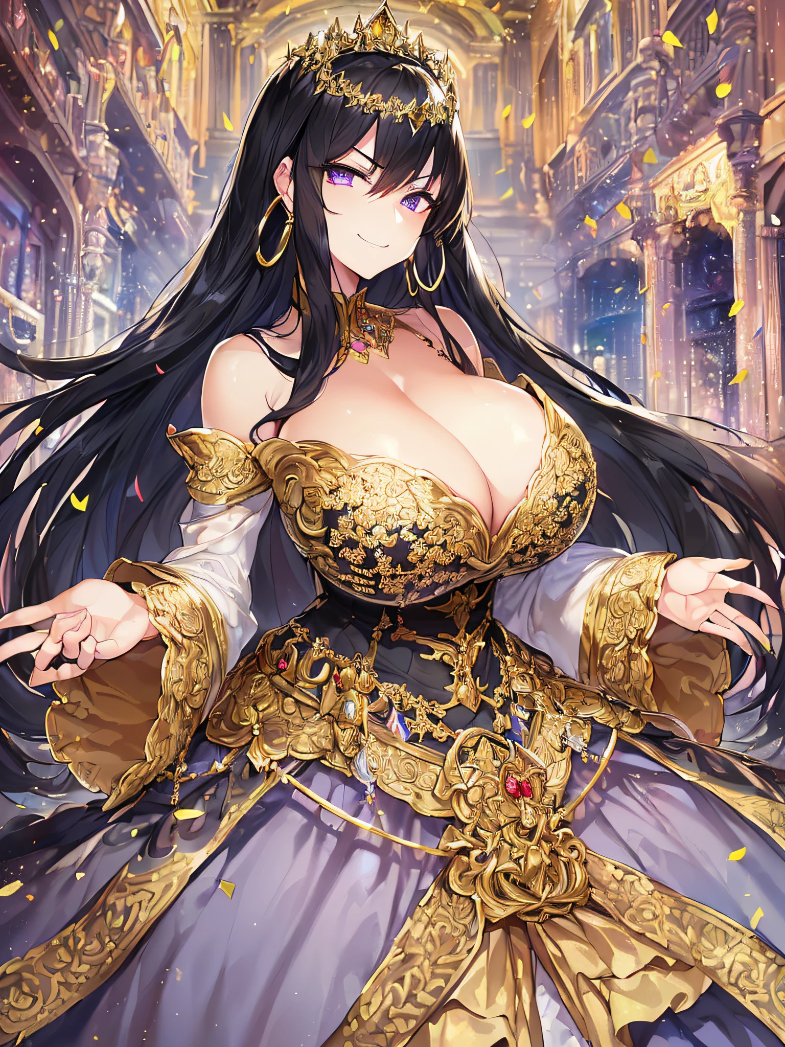 ((anime artstyle)),(Masterpiece),(Best Quality), (Super Detail),((Very Delicate and Beautiful)),(((Solo))),((full body portrait)),((1 arrogant queen in gorgeous black and gold rococo princess ballgown with voluminous full length hoop skirt and gorgeousfull embroidery),((crinoline)),gold trim,Long train,(dominant pose,dominant facial expression),(arrogant,haughty),((arrogant smile,haughty smile)),Sharp eyes,((standing in the square of the castle town,festival)),confetti,sunlight,((outdoor)),medieval main street,gorgeous gemstone jewelry,detailed face and eyes,jewel-like eyes,Purple eyes,(Bangs between eyes),((large amount of straight hair,extremely Long voluminous black Hair)),((gigantic tits,Long tits)),gorgeousfull embroidery,cleavage,extremely gorgeousfull hair ornament,(bling-bling extremely gorgeousfull jeweled tiara),gorgeous corsage,(Dynamic Angle),Looking at viewer,confetti flowing,(Blue sky:0.7),((gorgeous black and gold rococo princess ballgown with voluminous full length hoop skirt and gorgeousfull embroidery))