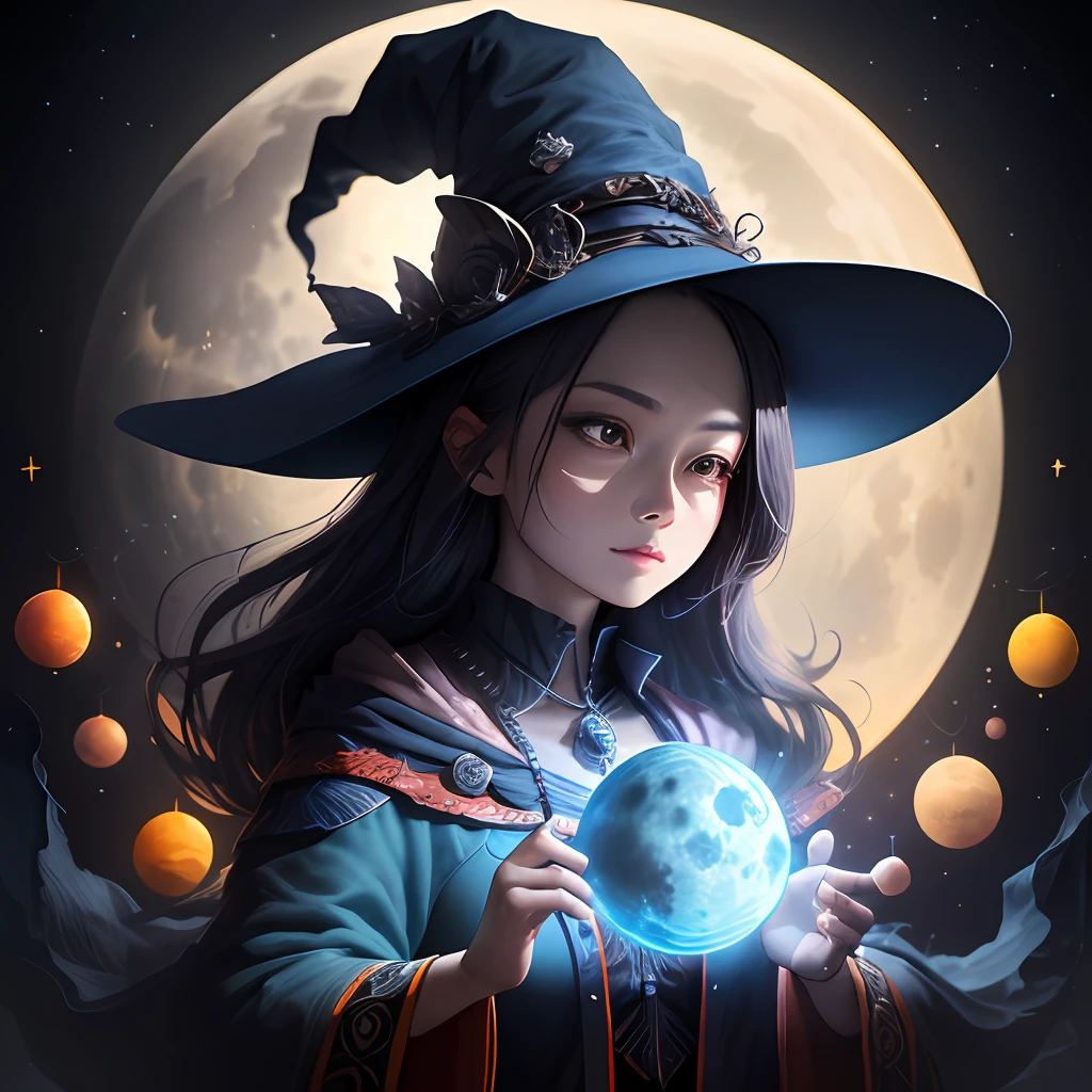 Beautiful witch face like my long dark brown hair brown eyes in the middle of the beach with full moon holding the card the taro wizard --auto --s2