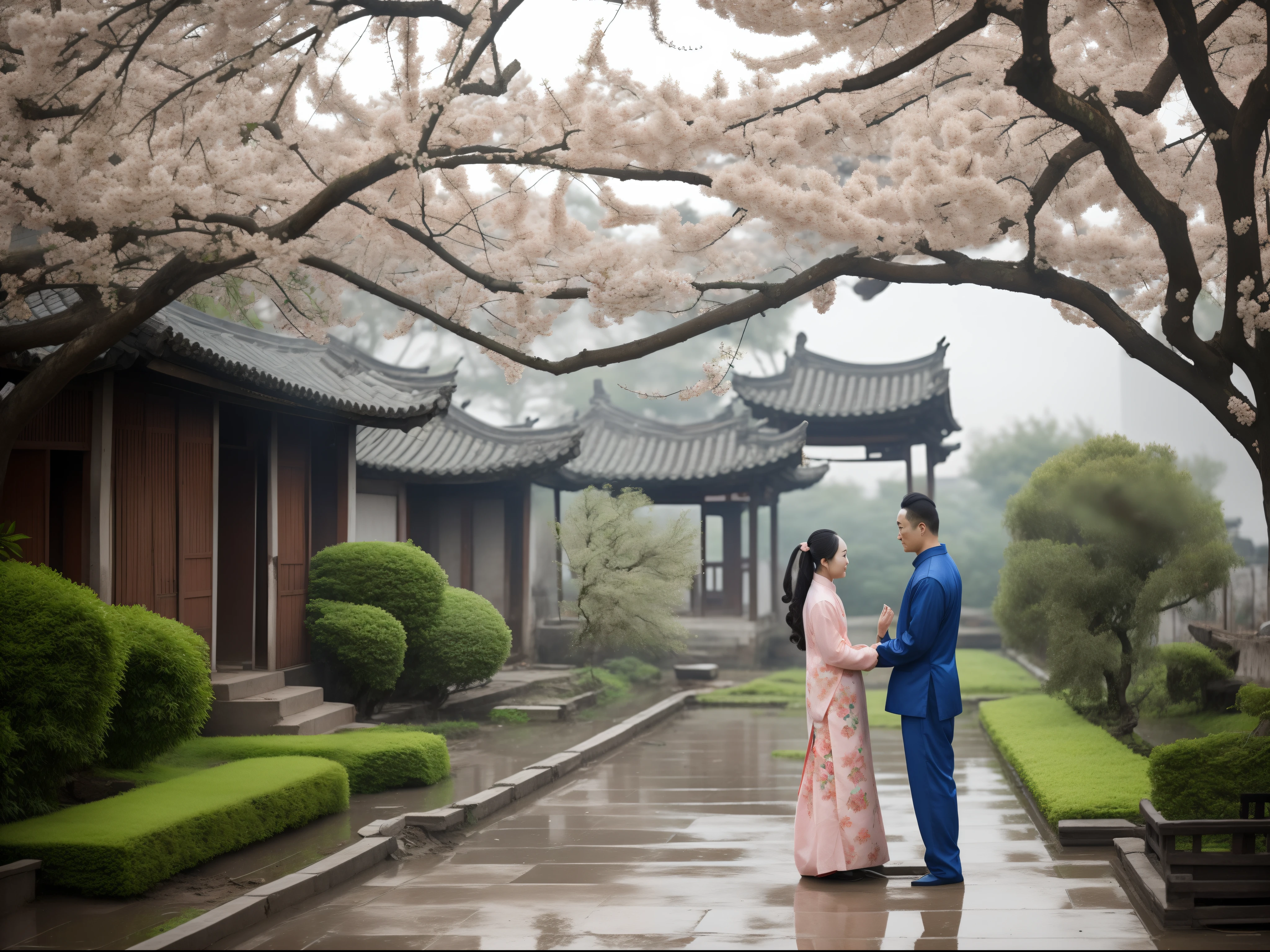 In a dilapidated Chinese yard,Rainy days,There is a peach tree in the middle of the yard,On both sides of the peach tree, Two fighters stood up, A man and a woman,Look at each other from afar。
