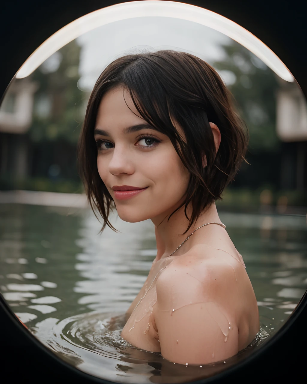 Photo of jortega at the giggling, solo, blue eyes, reverse bob haircut, shiny skin, WET skin, headshot, warm atmosphere, photograph, photoshoot, Captured by Panavision Panaflex Platinum Camera with Panavision Primo Primes Spherical Lens 85mm T1.8